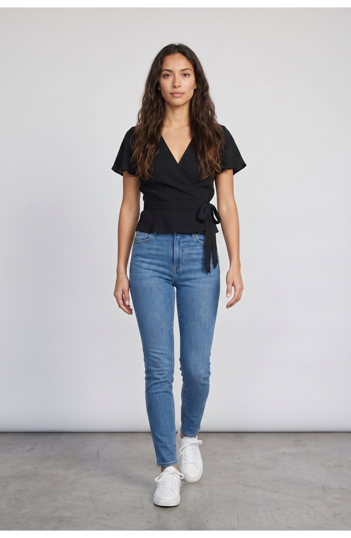 Women's Wrap Top in Black, front view