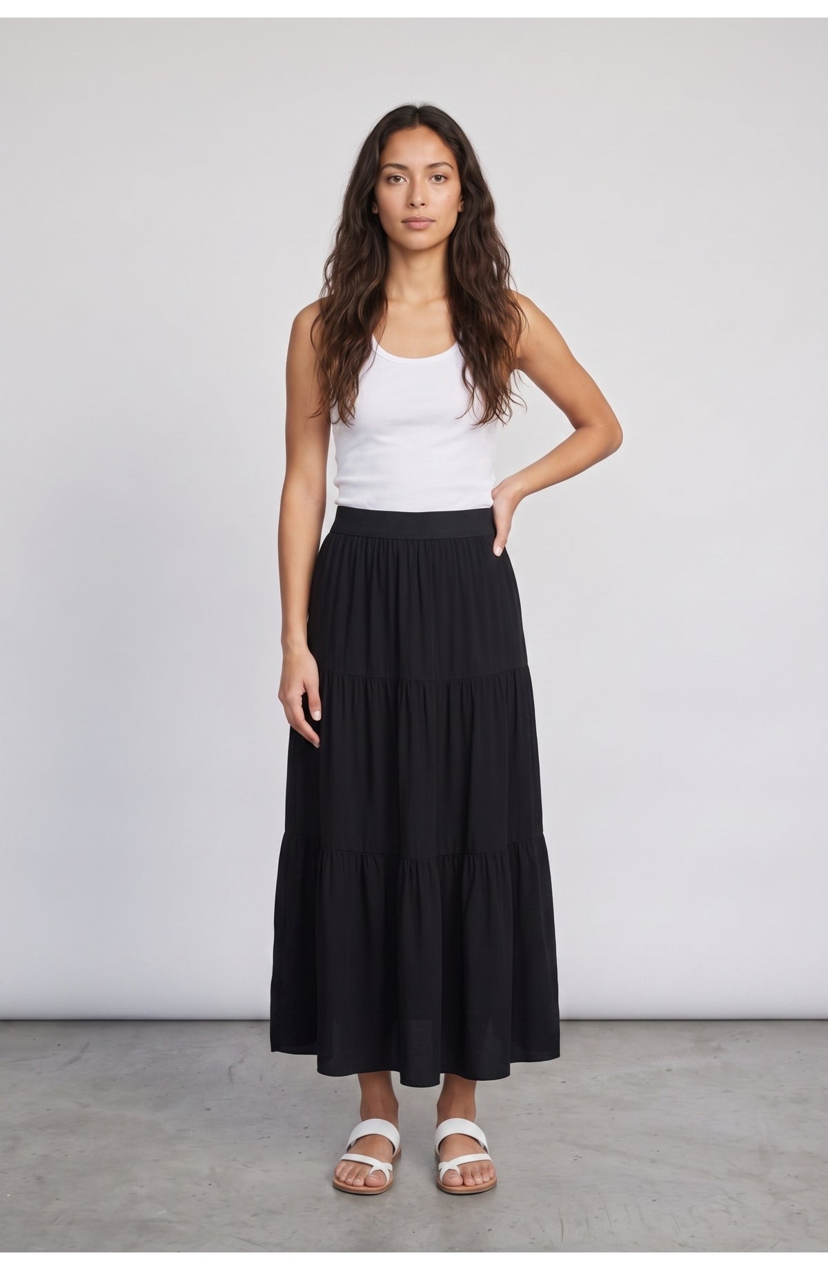 Women's Tiered Maxi Skirt in Black, front view