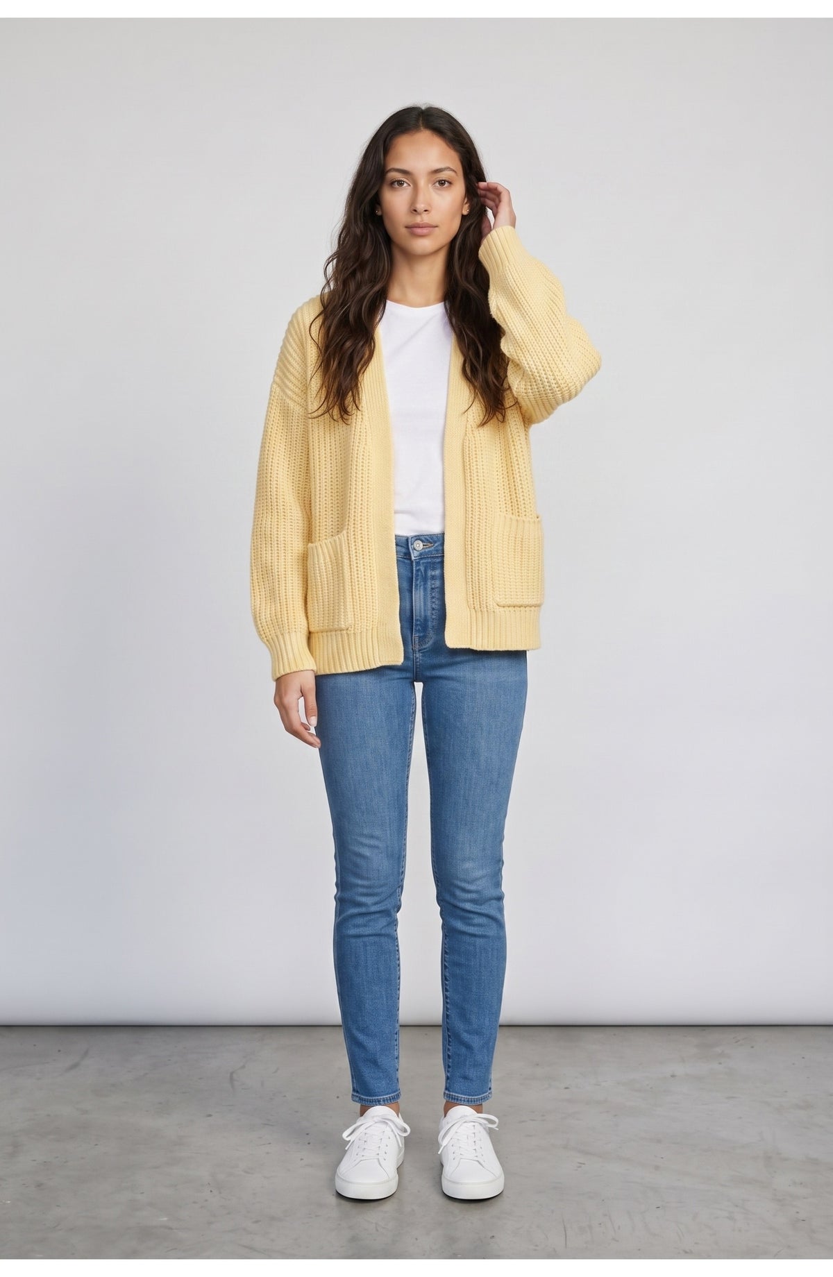 Women's Chunky Cardigan in Butter Yellow, front view