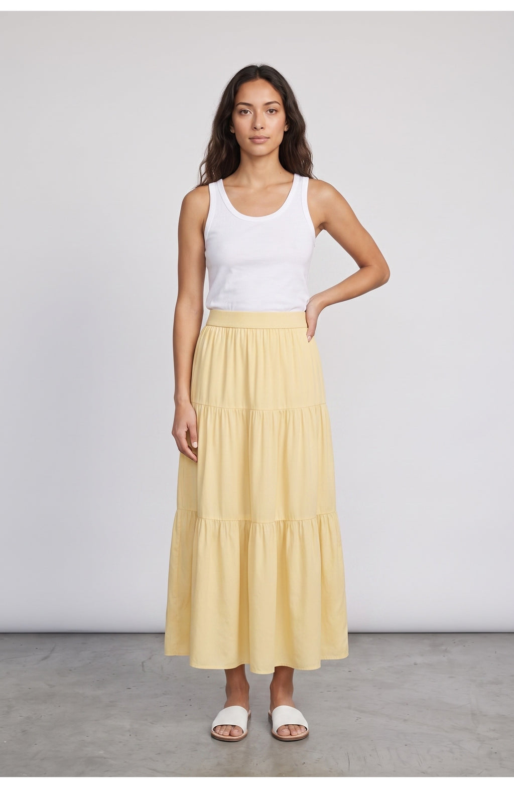 Women's Tiered Maxi Skirt in Butter Yellow, front view