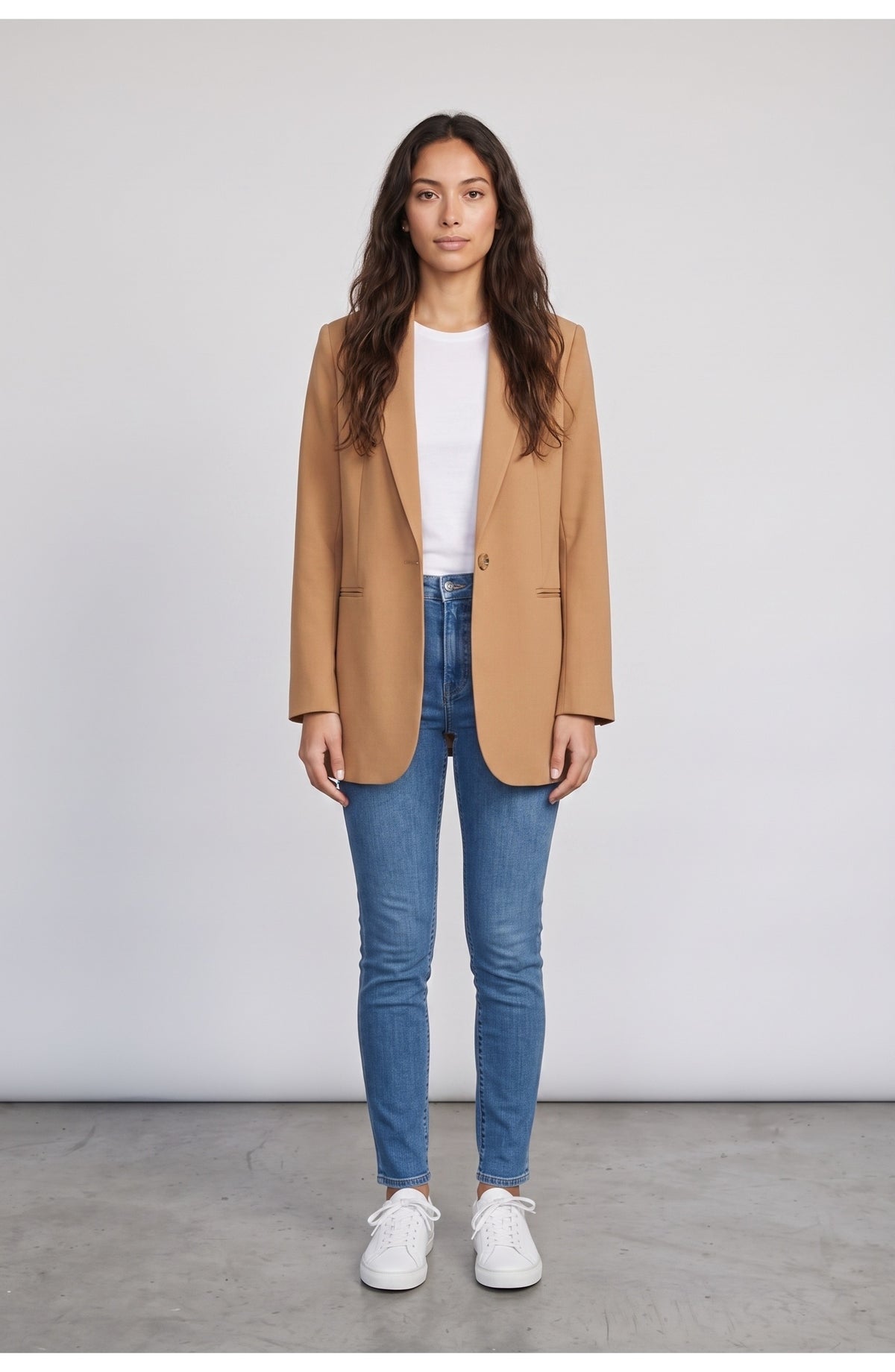 Women's Longline Blazer in Camel, front view