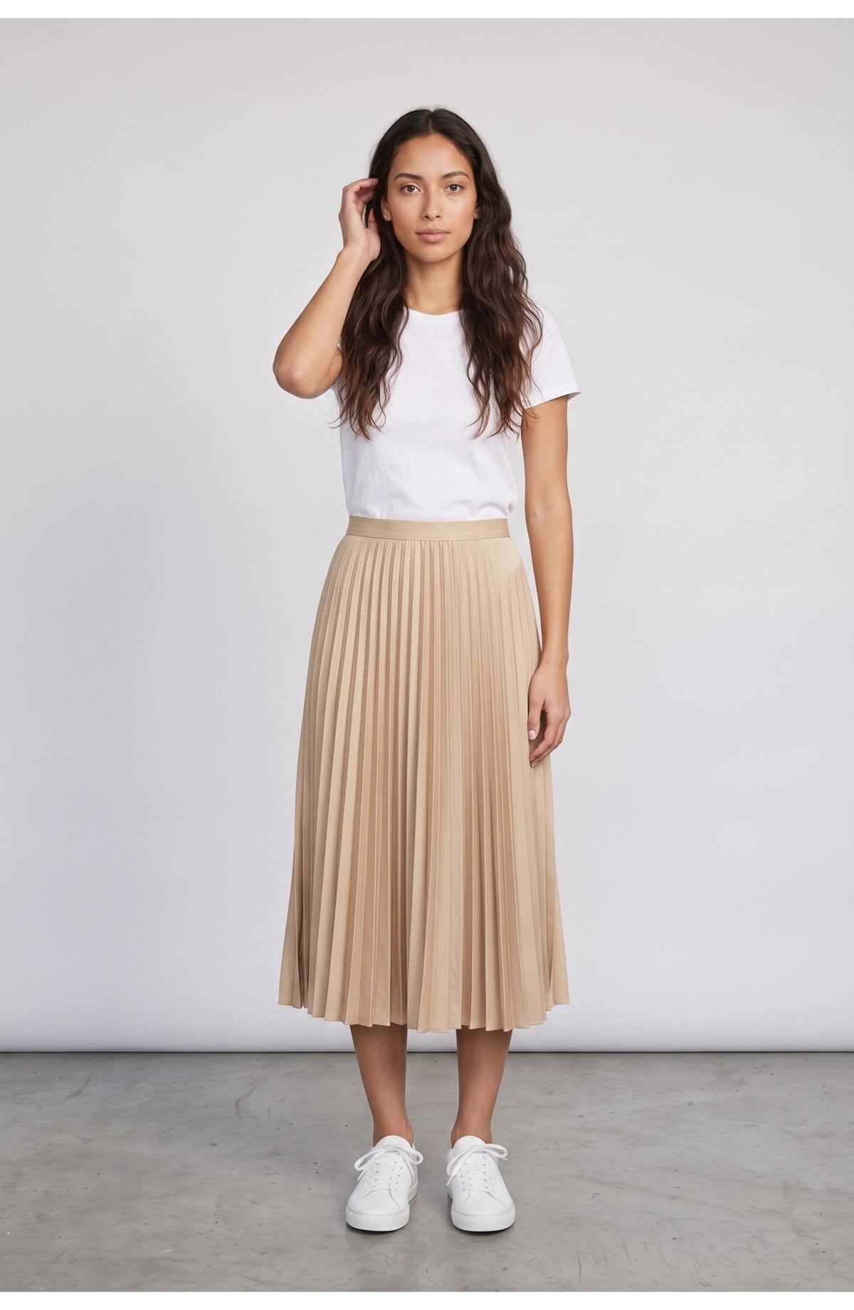 Women's Pleated Midi Skirt in Champagne, front view