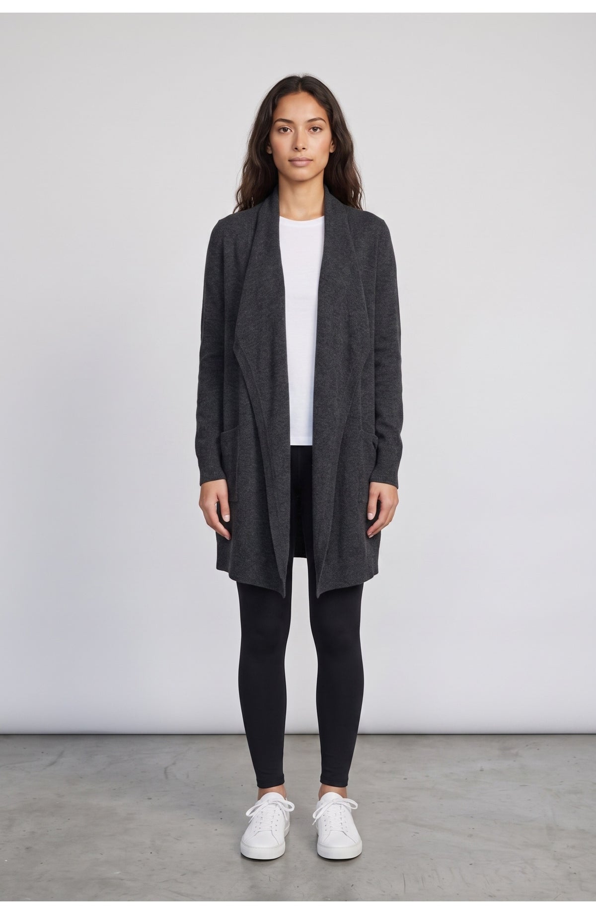 Women's Longline Cardigan in Charcoal, front view