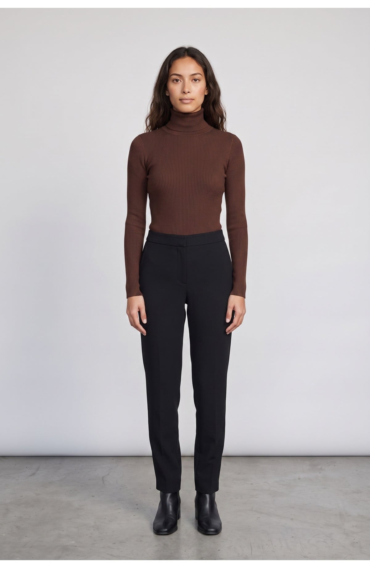 Women's Fitted Turtleneck Top in Chocolate Brown, front view
