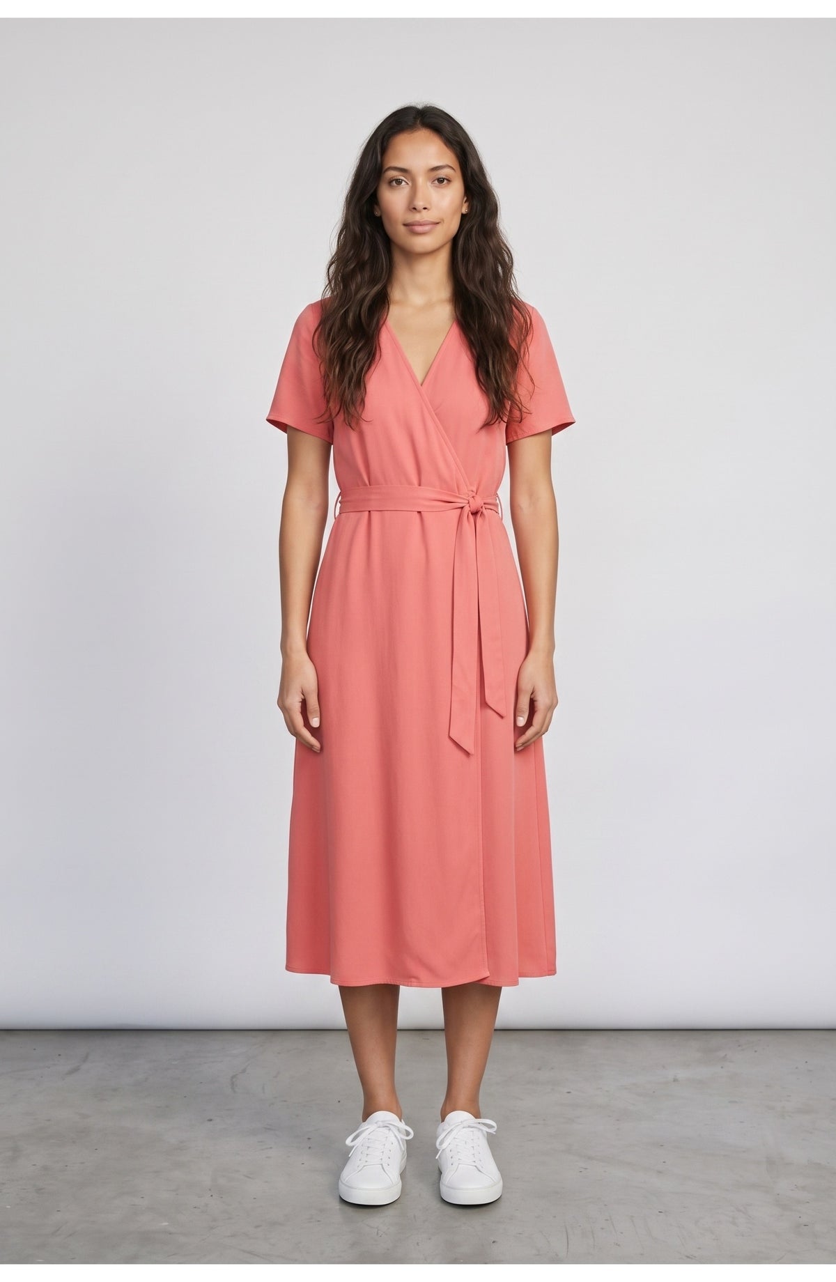 Women's Wrap Midi Dress in Coral, front view