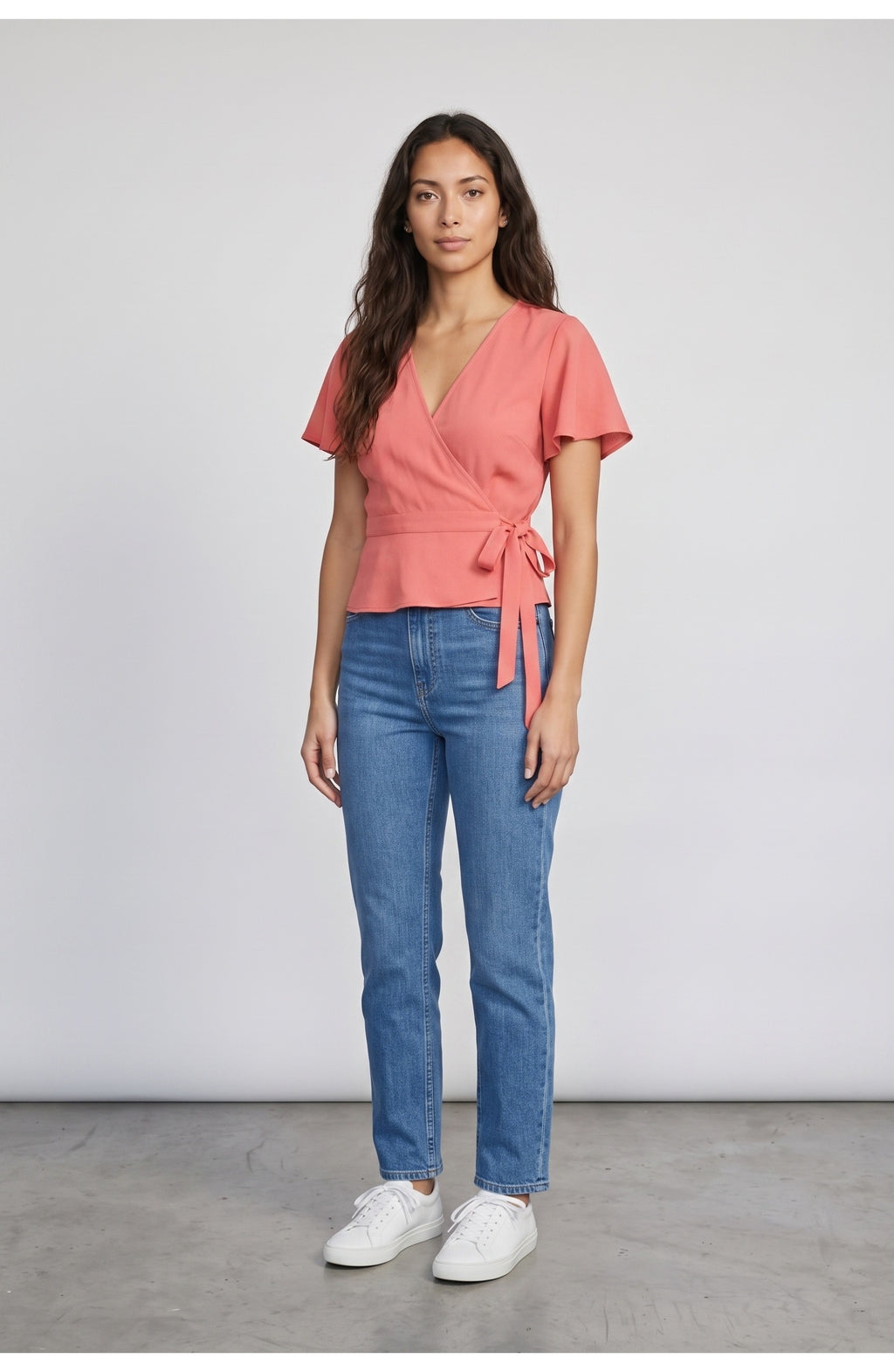 Women's Wrap Top in Coral, front view