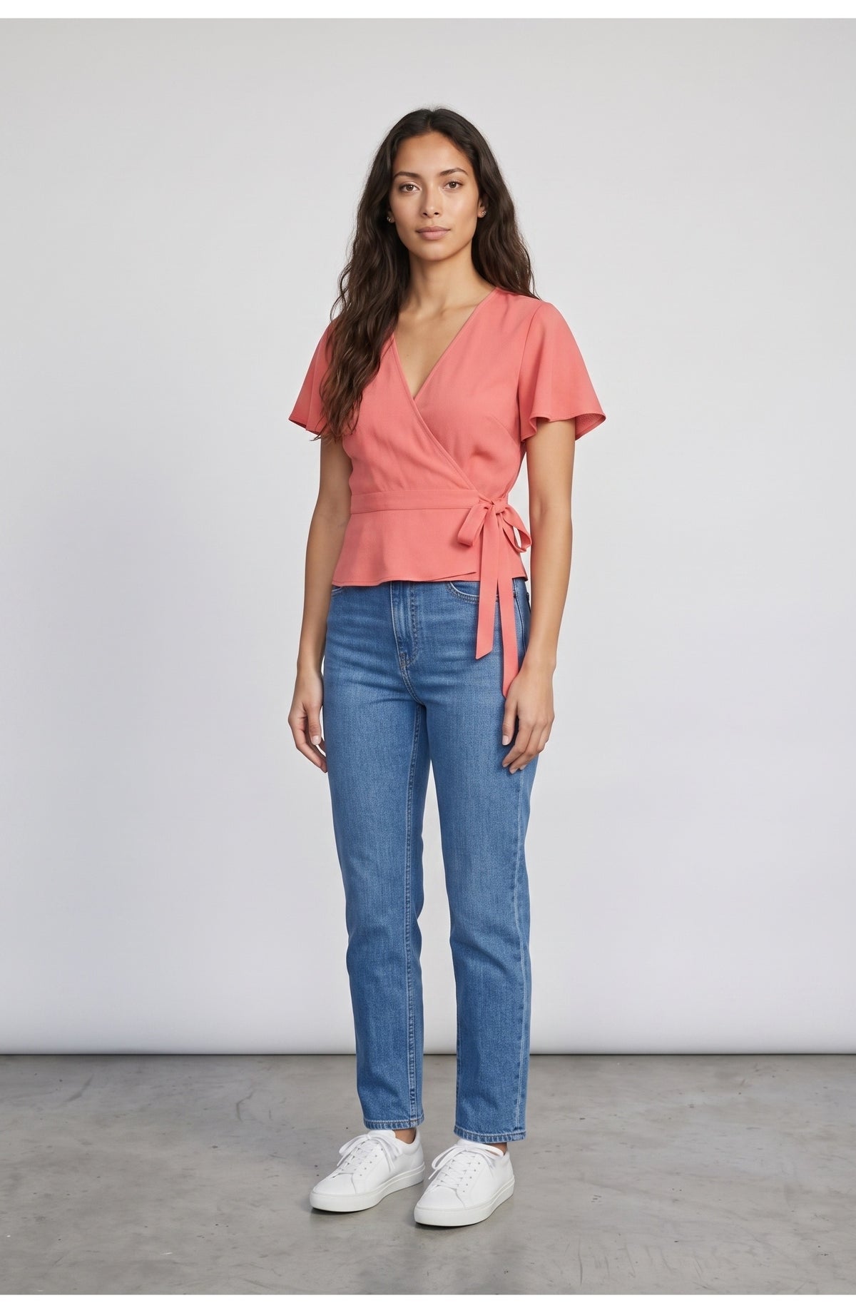 Women's Wrap Top in Coral, front view