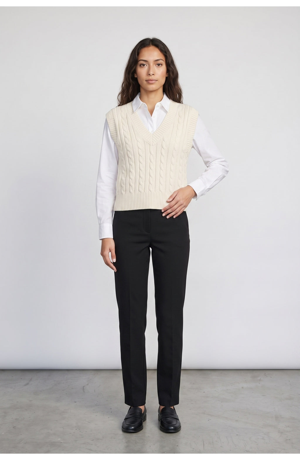 Women's Cable Knit Vest in Cream, front view