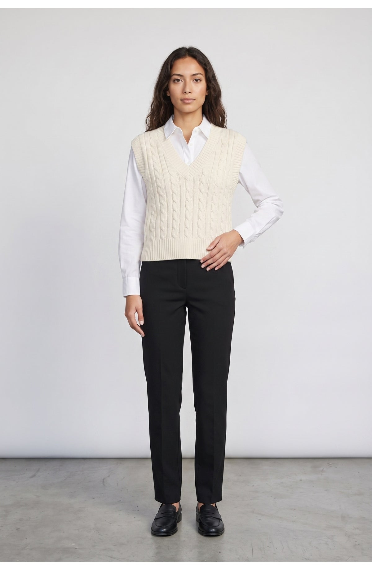 Women's Cable Knit Vest in Cream, front view