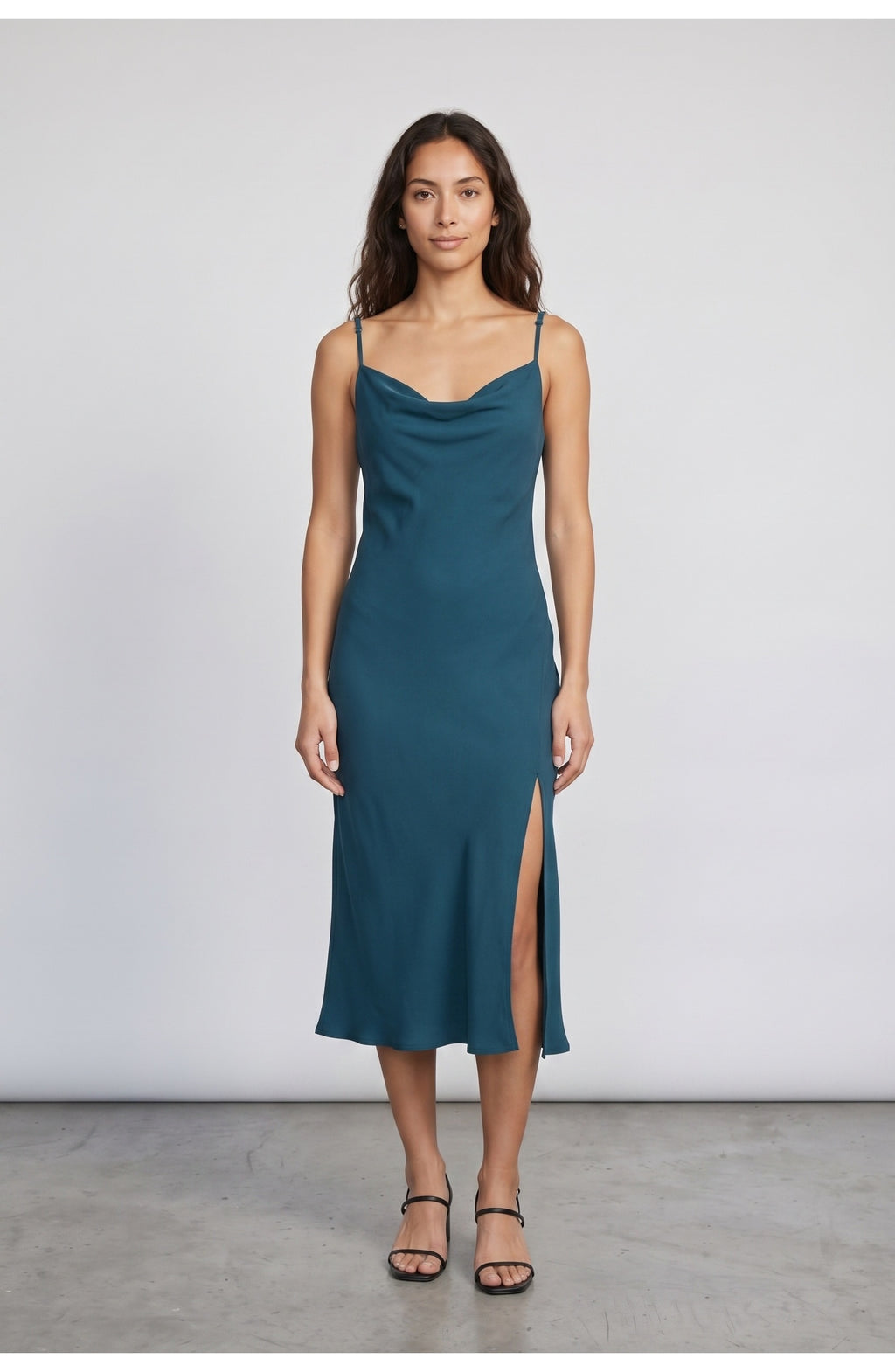 Women's Slip Midi Dress in Deep Teal, front view
