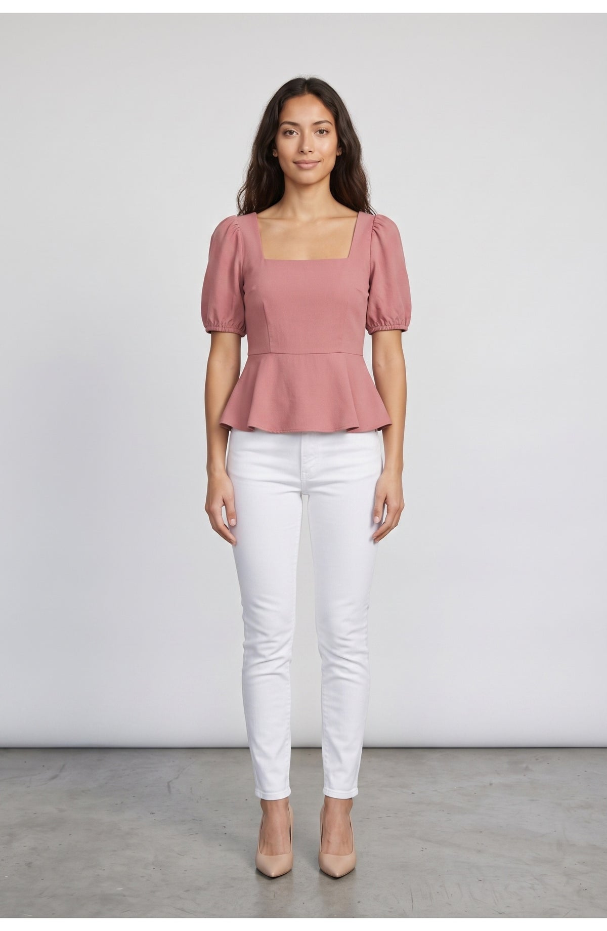 Women's Peplum Top in Dusty Rose, front view