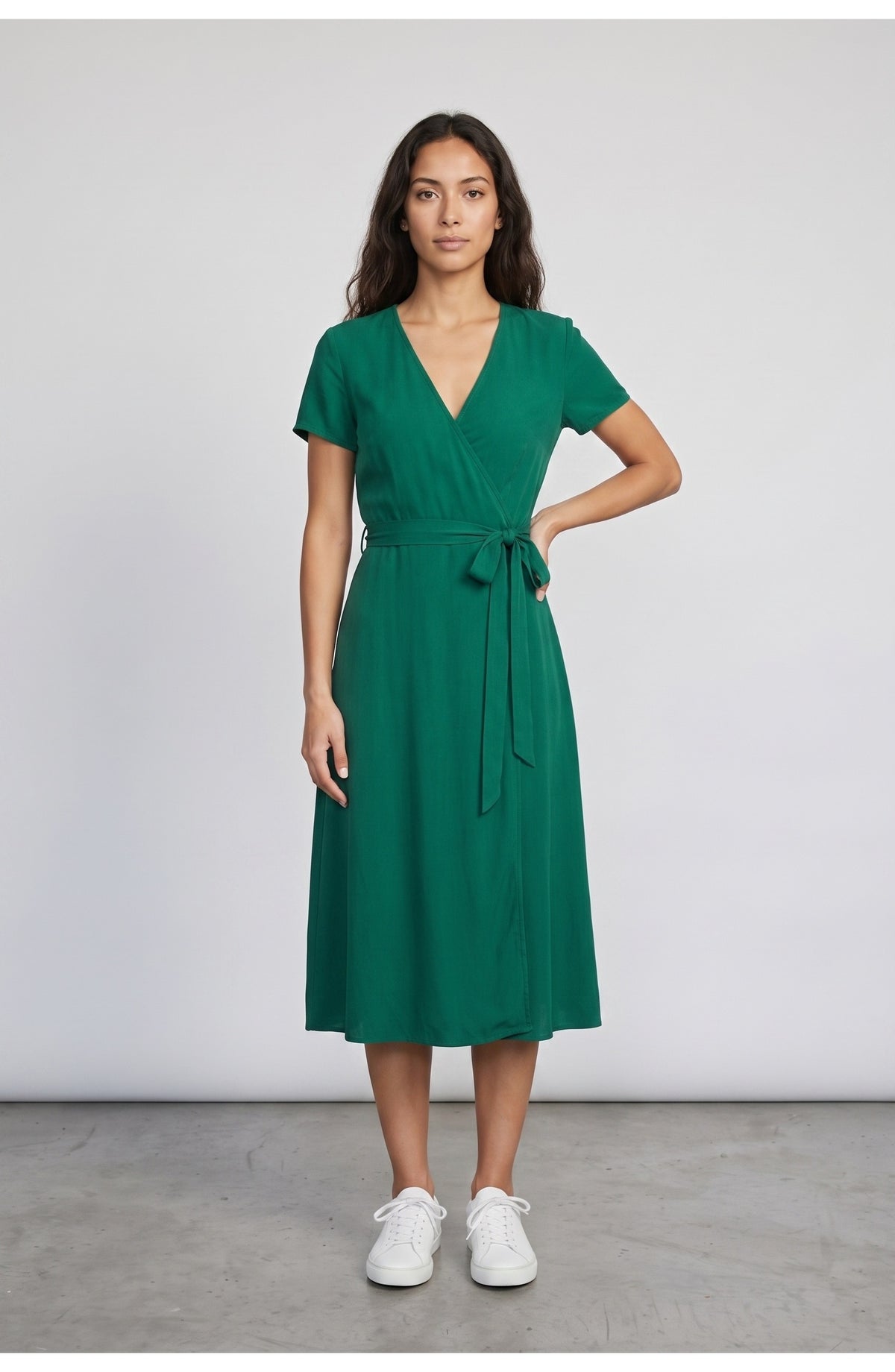 Women's Wrap Midi Dress in Emerald, front view
