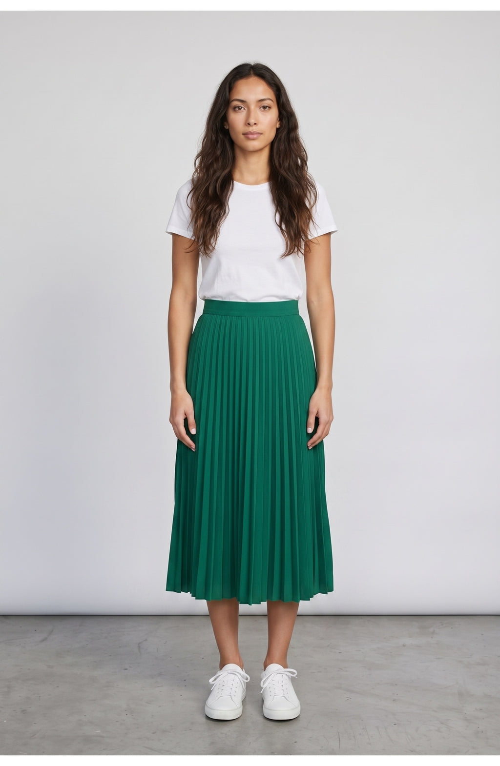 Women's Pleated Midi Skirt in Emerald, front view
