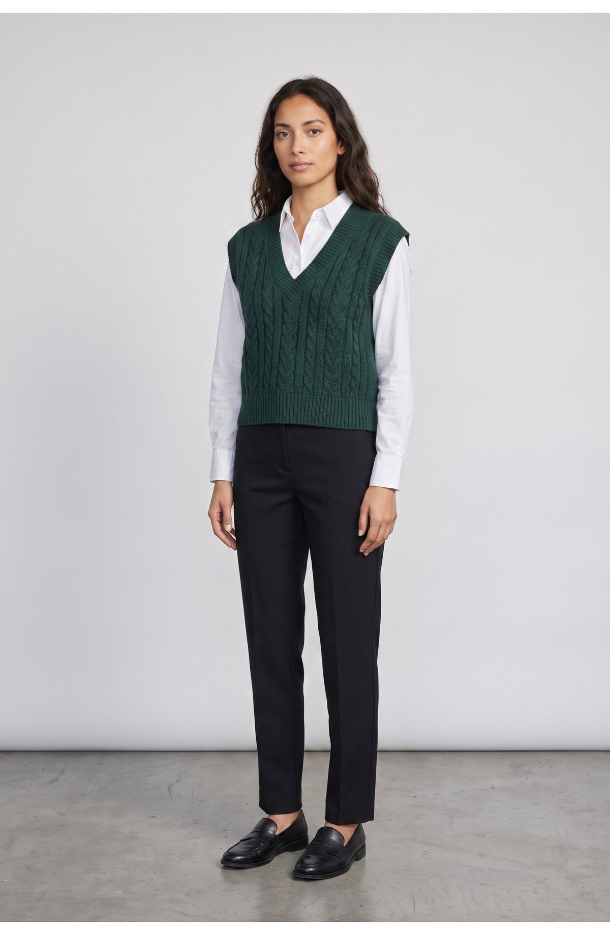 Women's Cable Knit Vest in Forest Green, front view