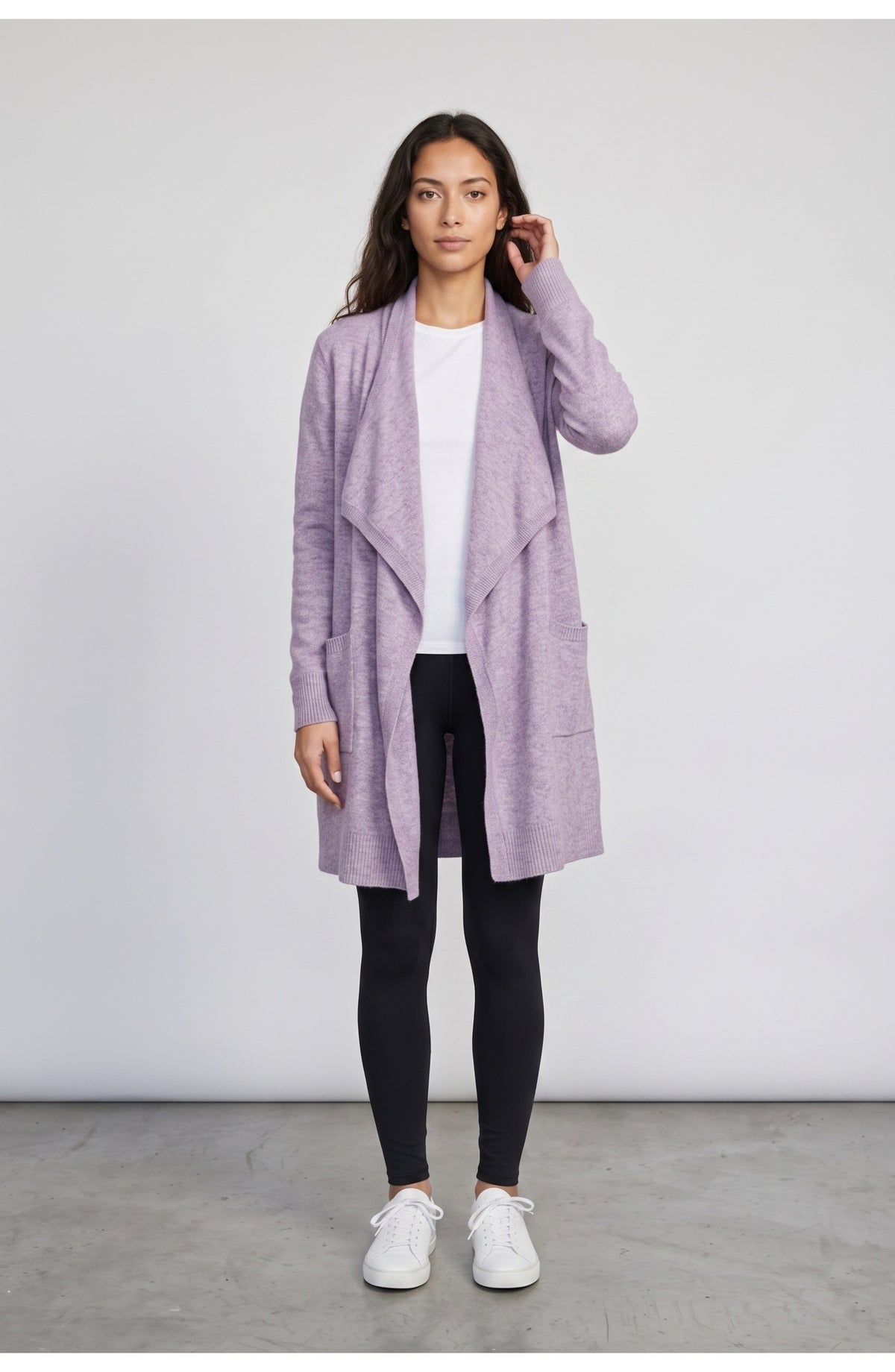 Women's Longline Cardigan in Heather Lilac, front view