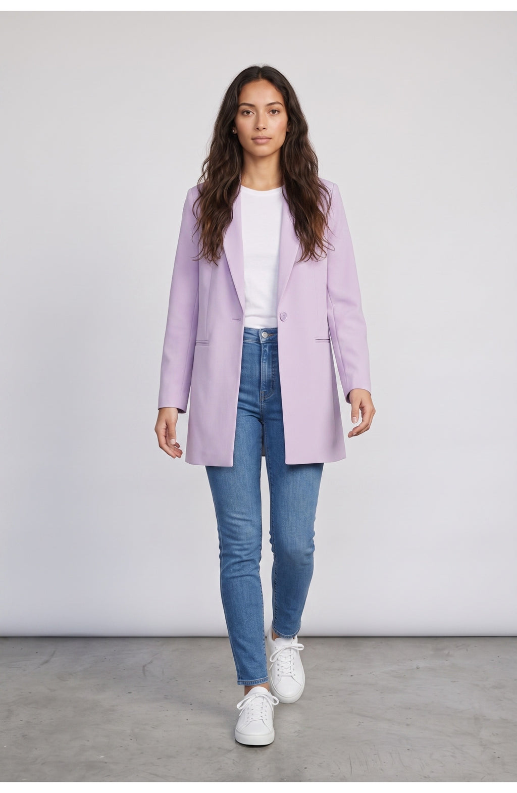 Women's Longline Blazer in Lilac, front view