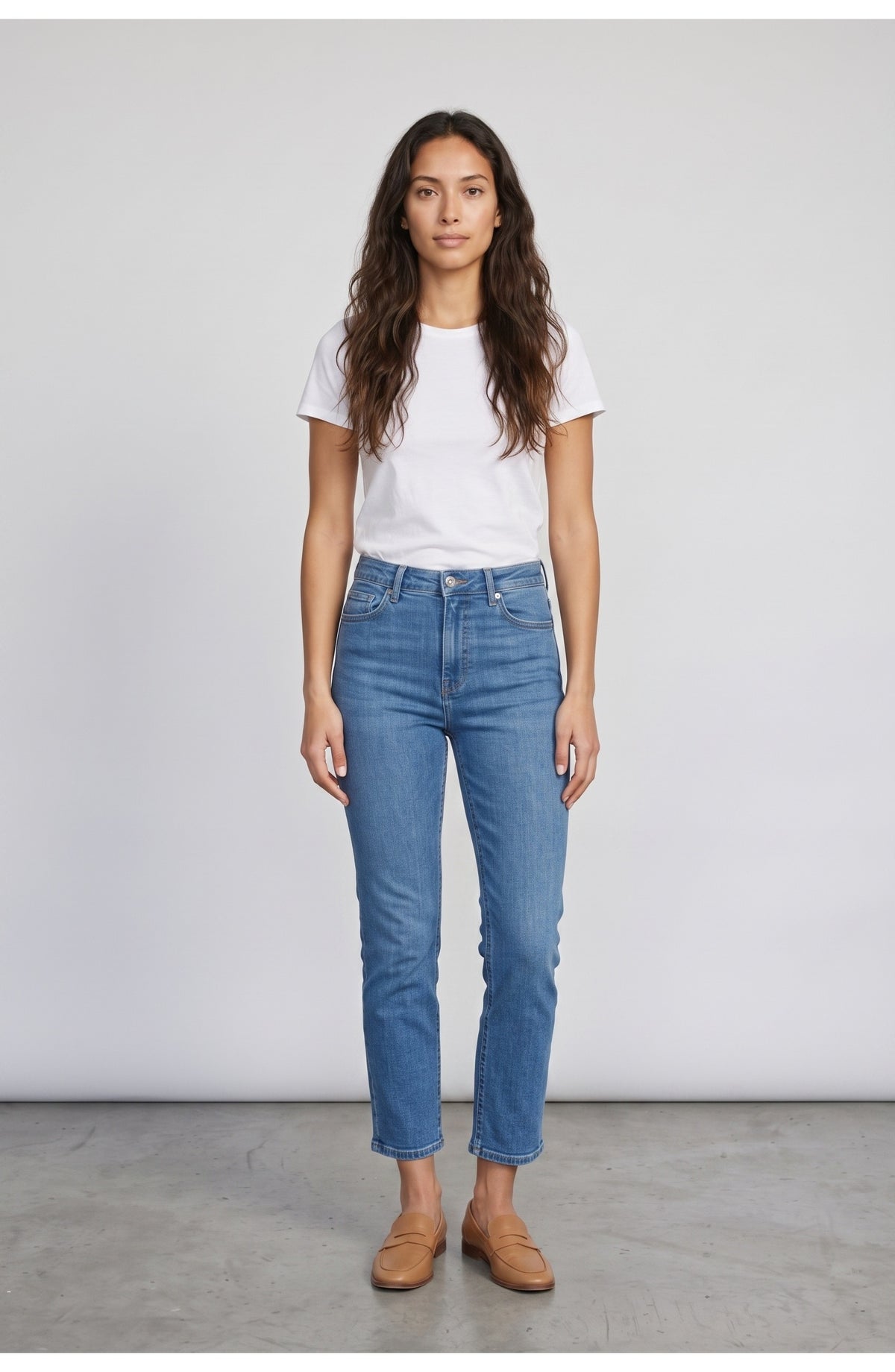 Women's Straight Leg Jeans in Mid Blue, front view
