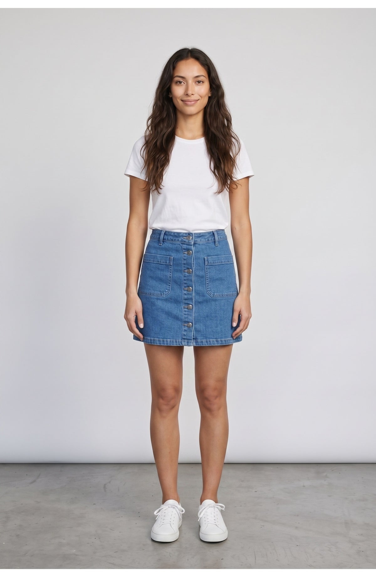 Women's Button Front Mini Skirt in Mid Blue, front view