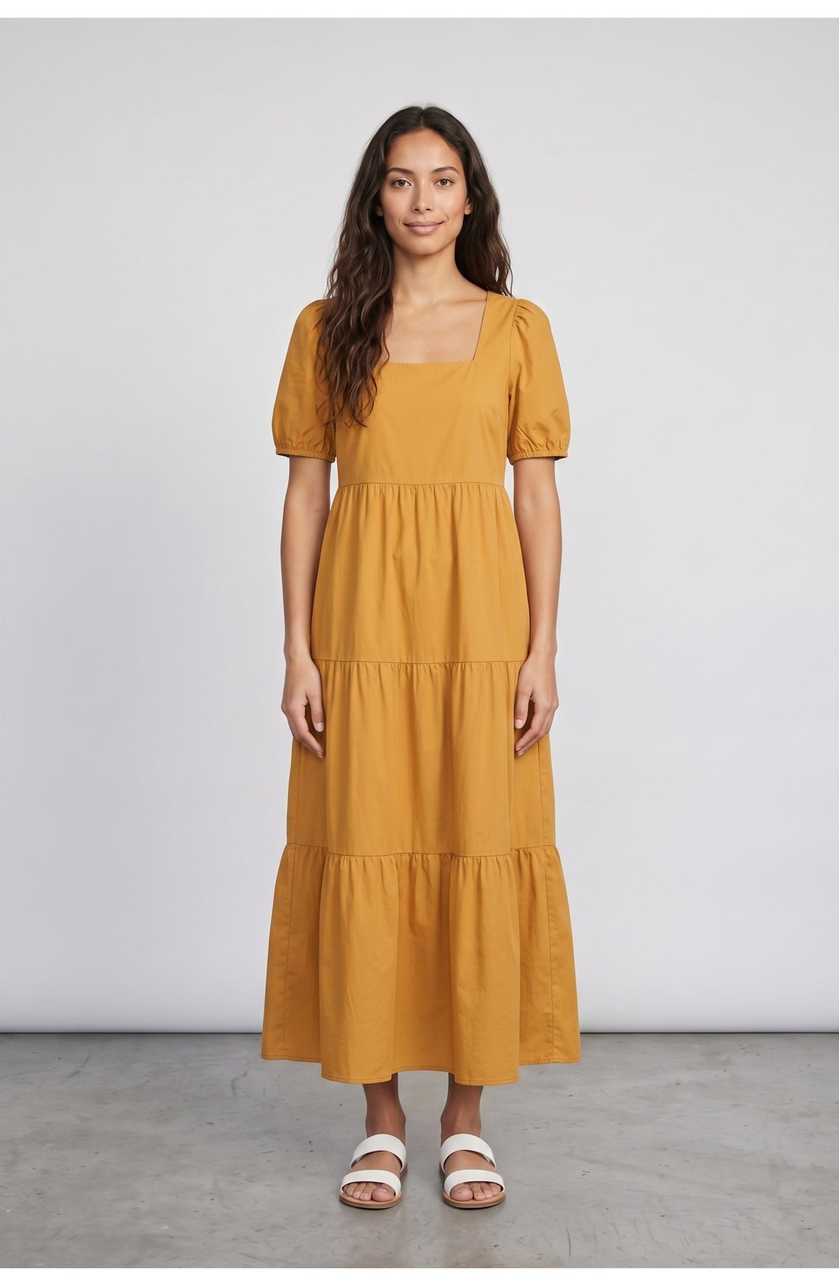 Women's Tiered Maxi Dress in Mustard, front view