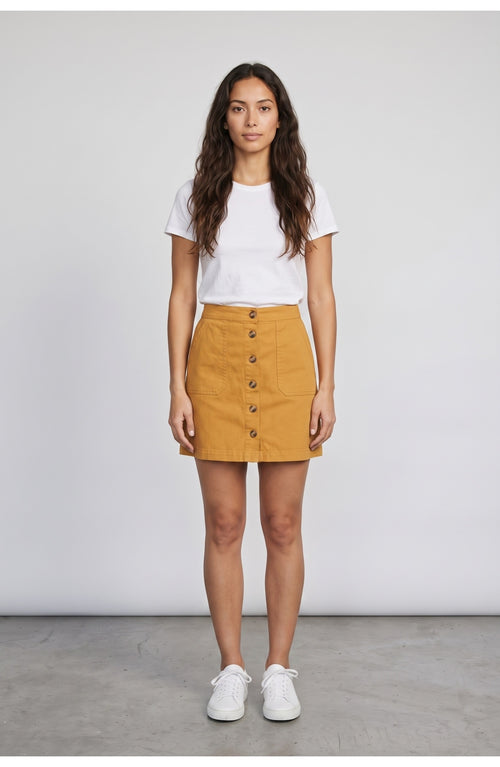 Women's Button Front Mini Skirt in Mustard, front view