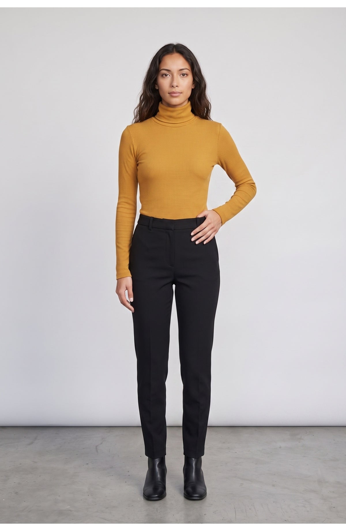 Women's Fitted Turtleneck Top in Mustard, front view