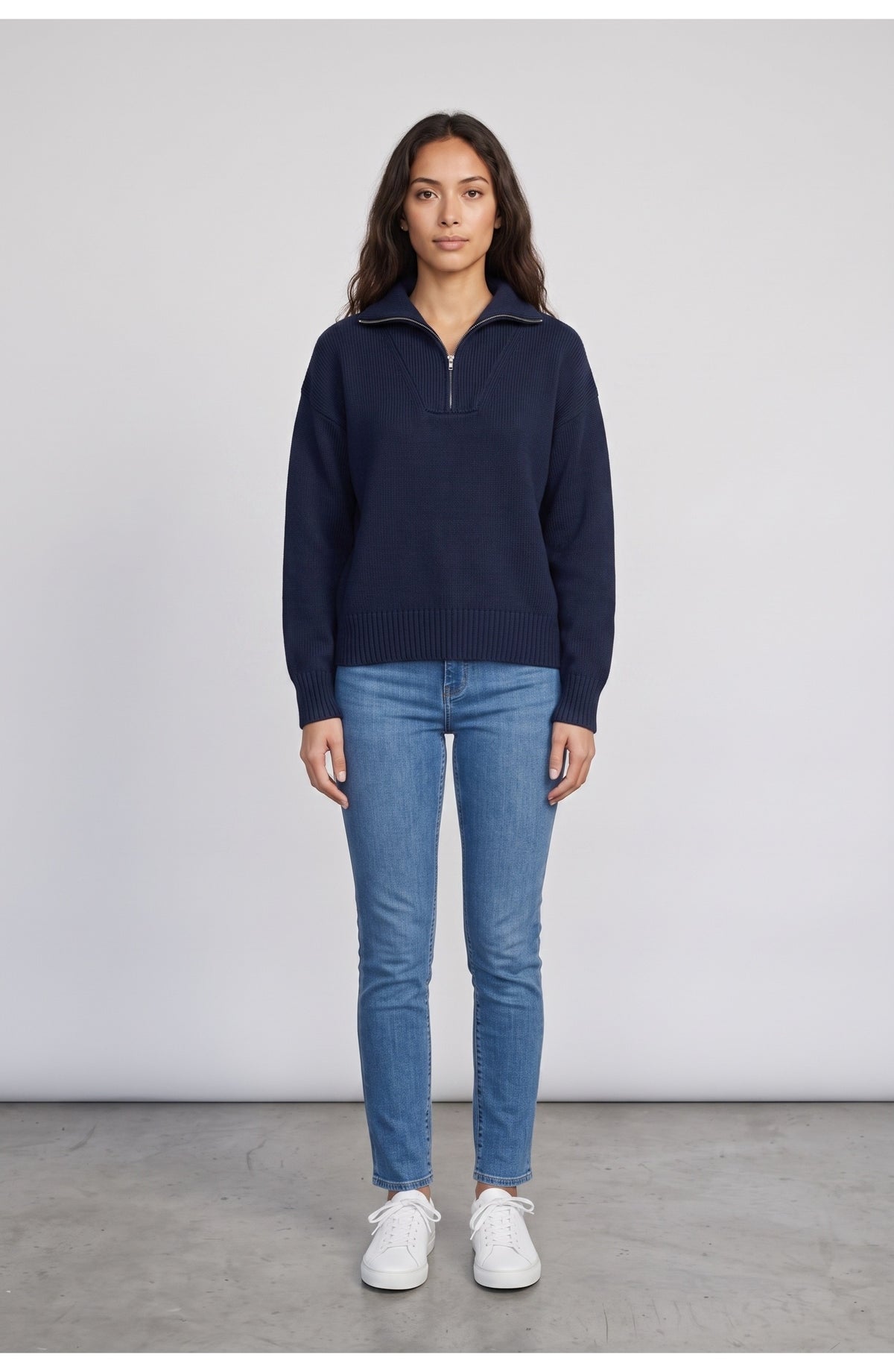 Women's Half Zip Sweater in Navy, front view