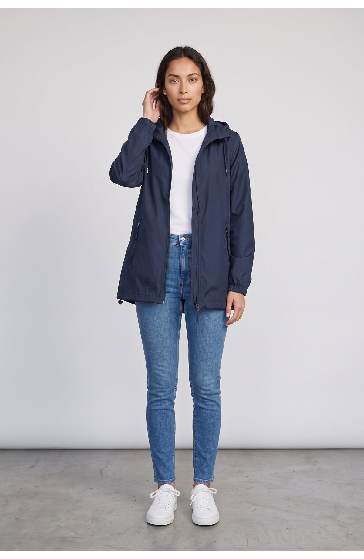 Women's Hooded Rain Jacket in Navy, front view