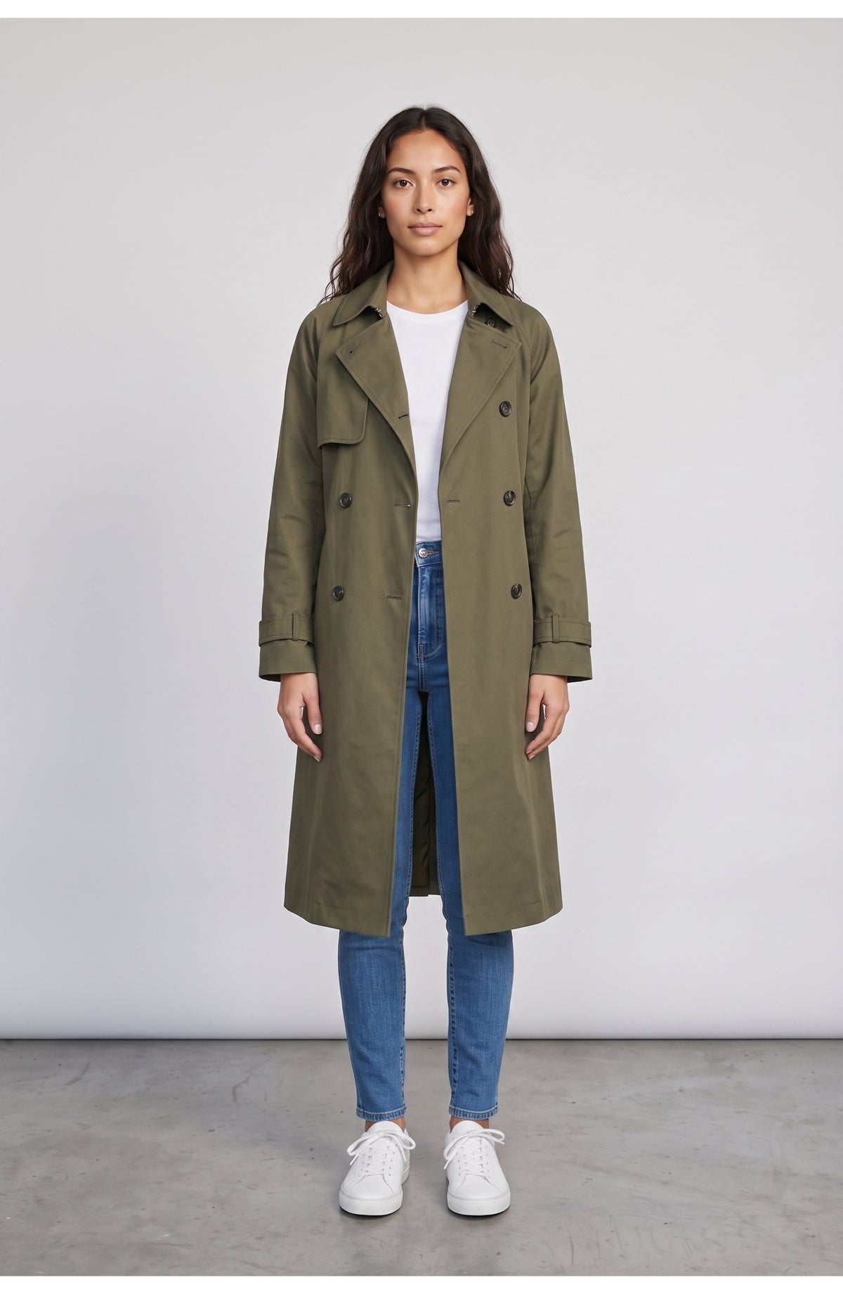 Women's Trench Coat in Olive, front view
