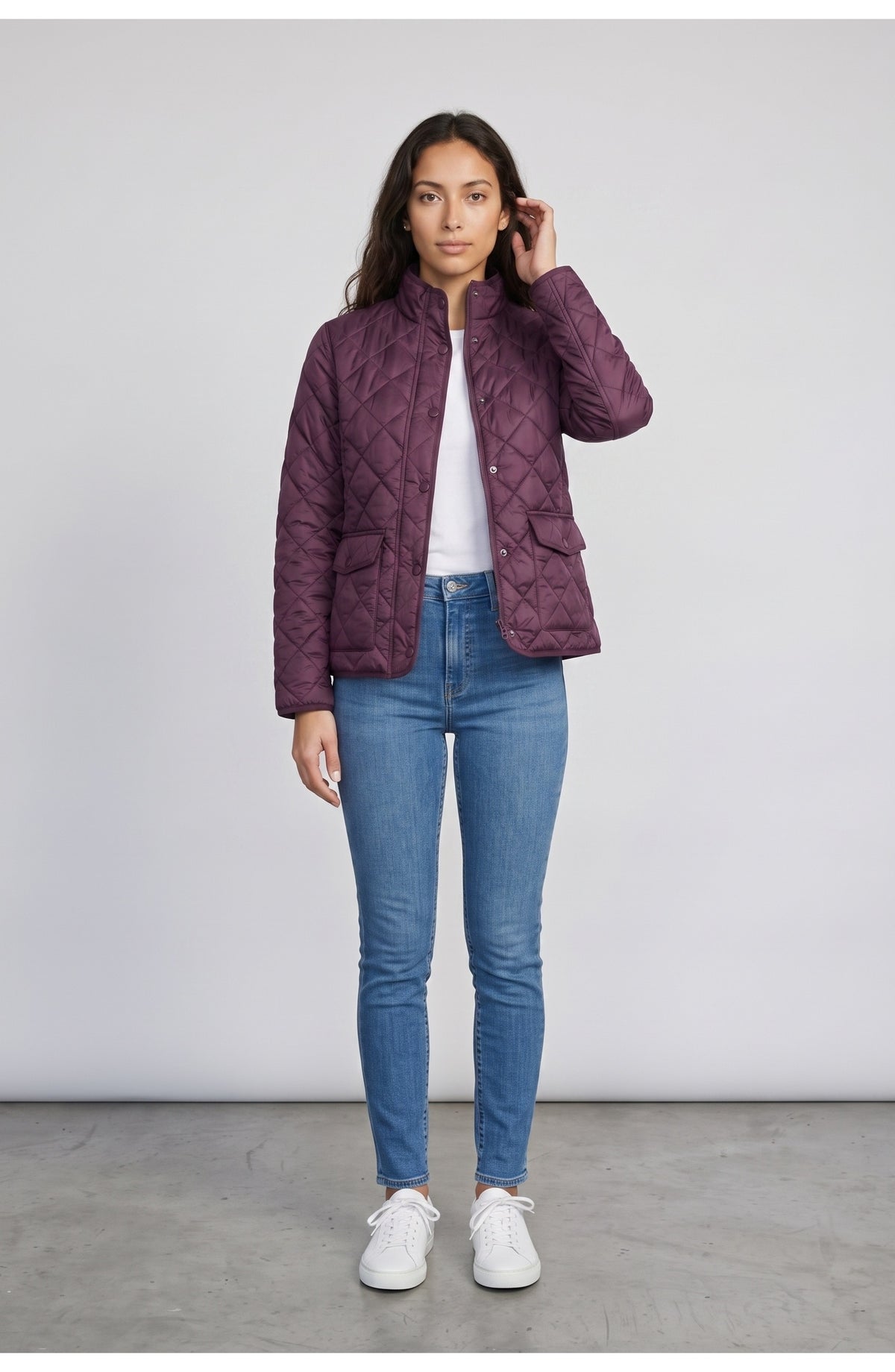 Women's Quilted Jacket in Plum, front view
