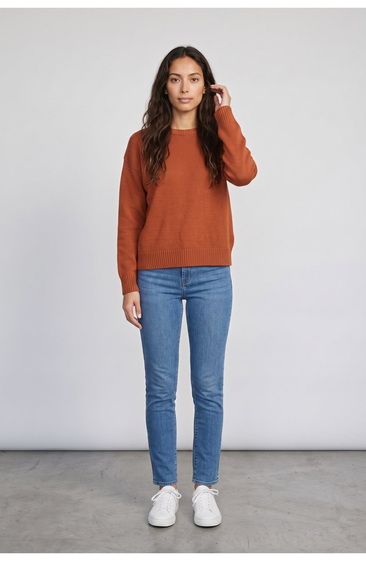 Women's Crew Neck Sweater in Rust Orange, front view