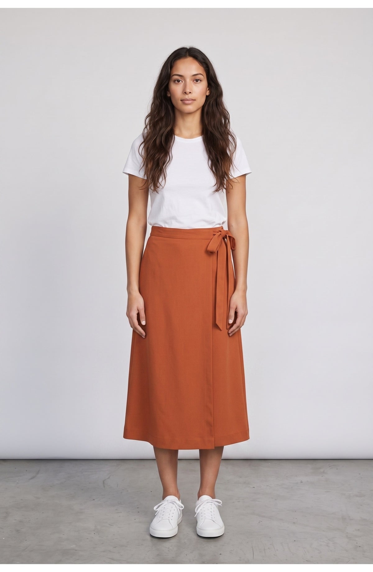 Women's Wrap Midi Skirt in Rust Orange, front view