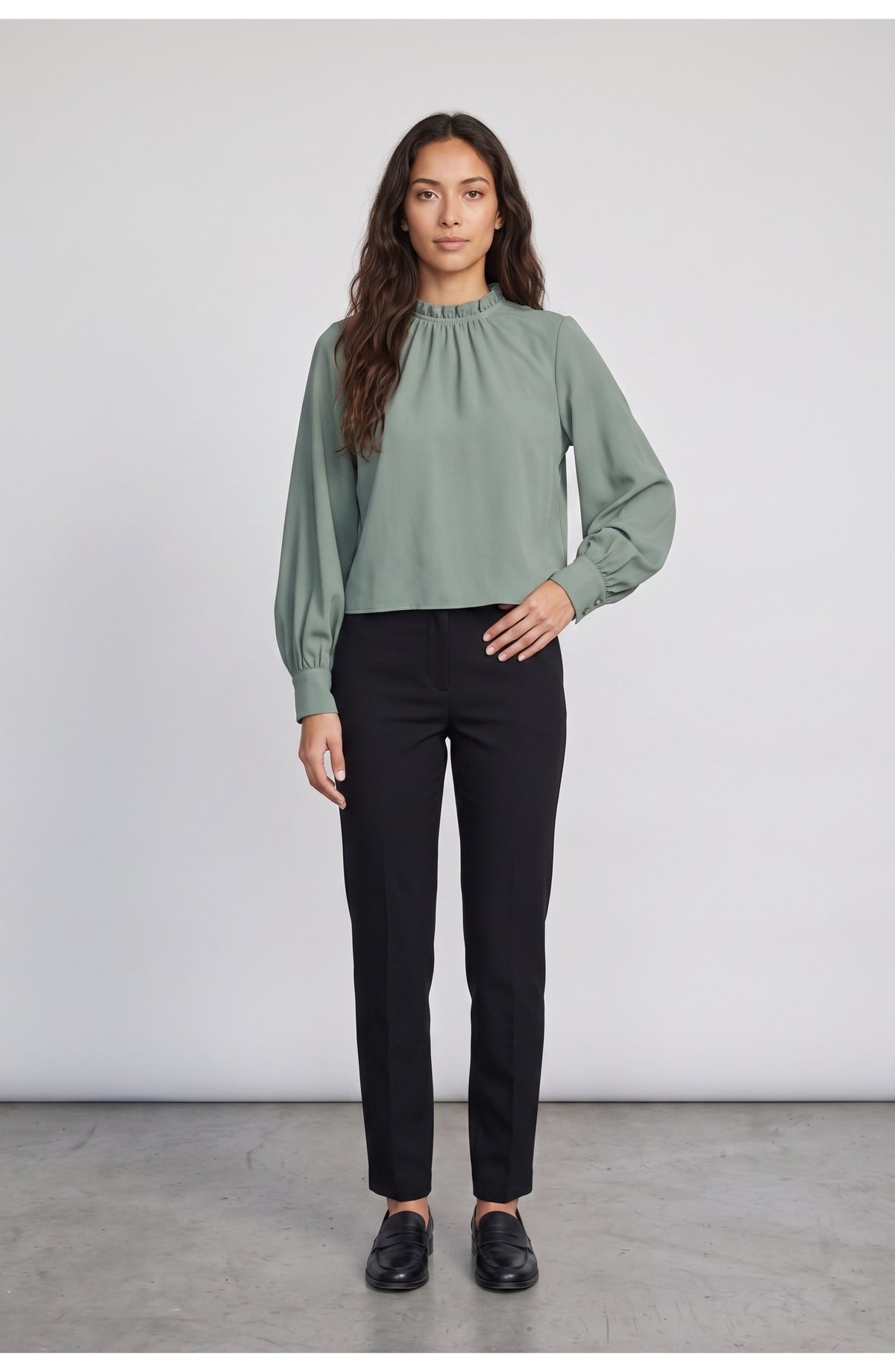 Women's Ruffle Blouse in Sage Green, front view
