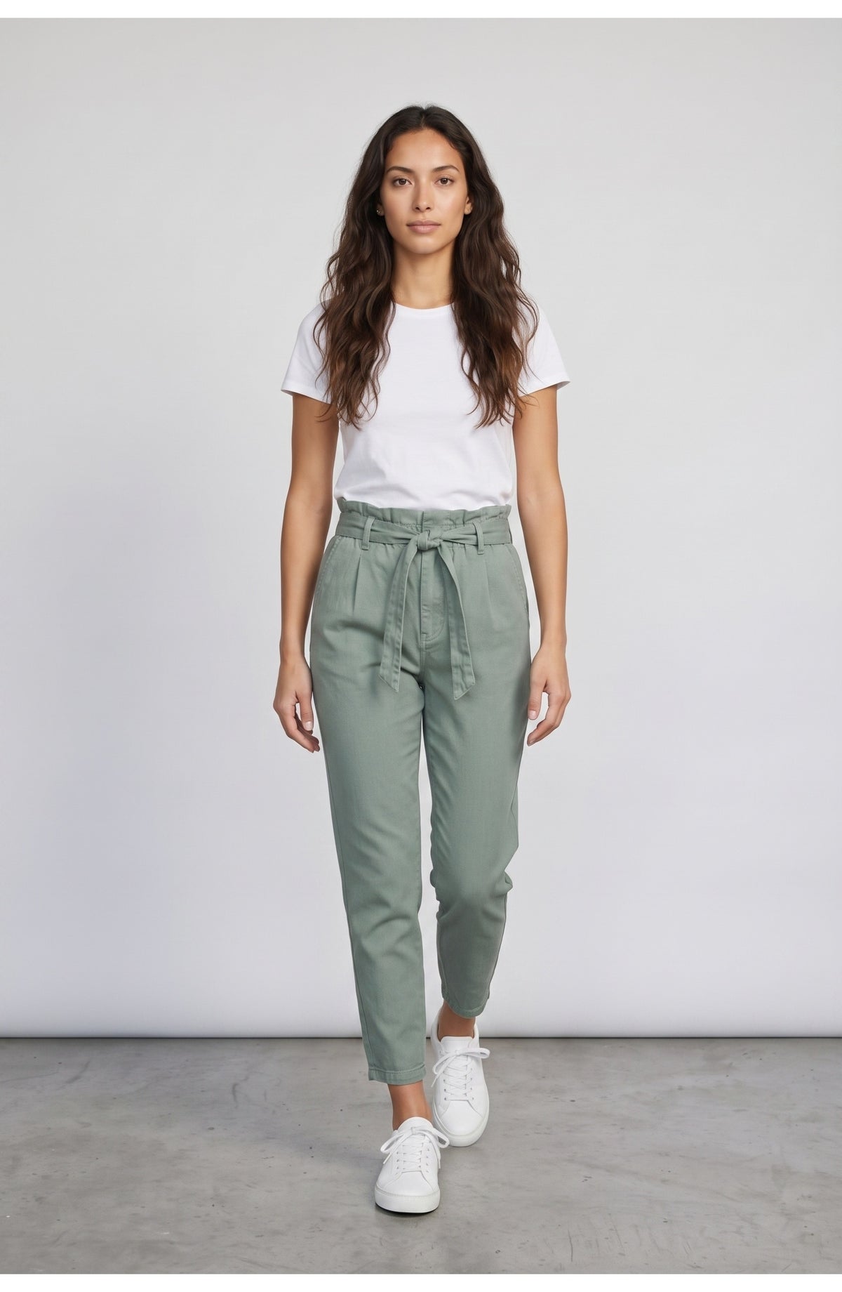 Women's Paperbag Pants in Sage Green, front view