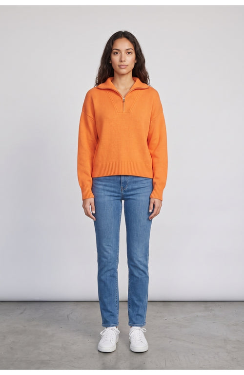 Women's Half Zip Sweater in Tangerine, front view