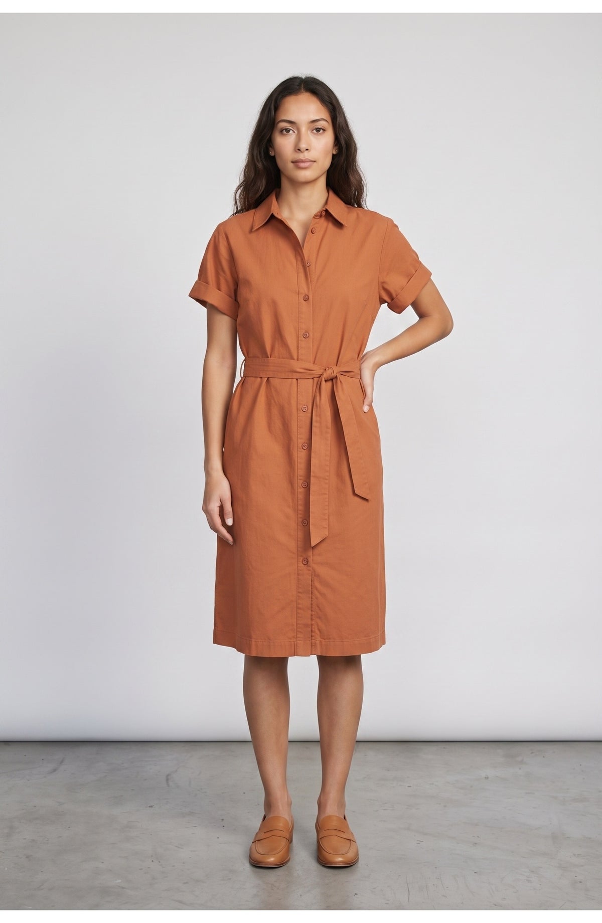 Women's Shirt Dress in Terracotta, front view