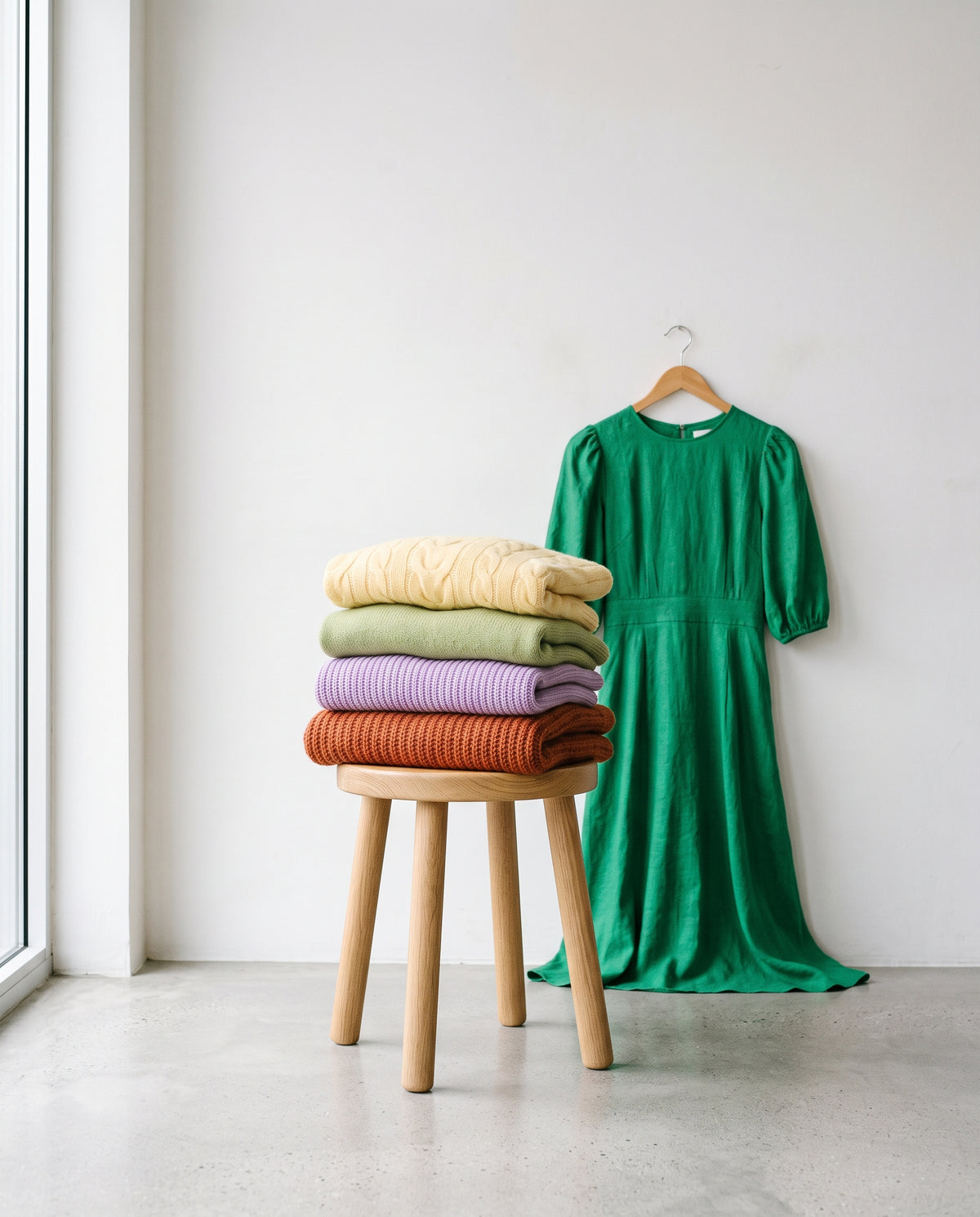Folded colorful knitwear and a dress on a hanger