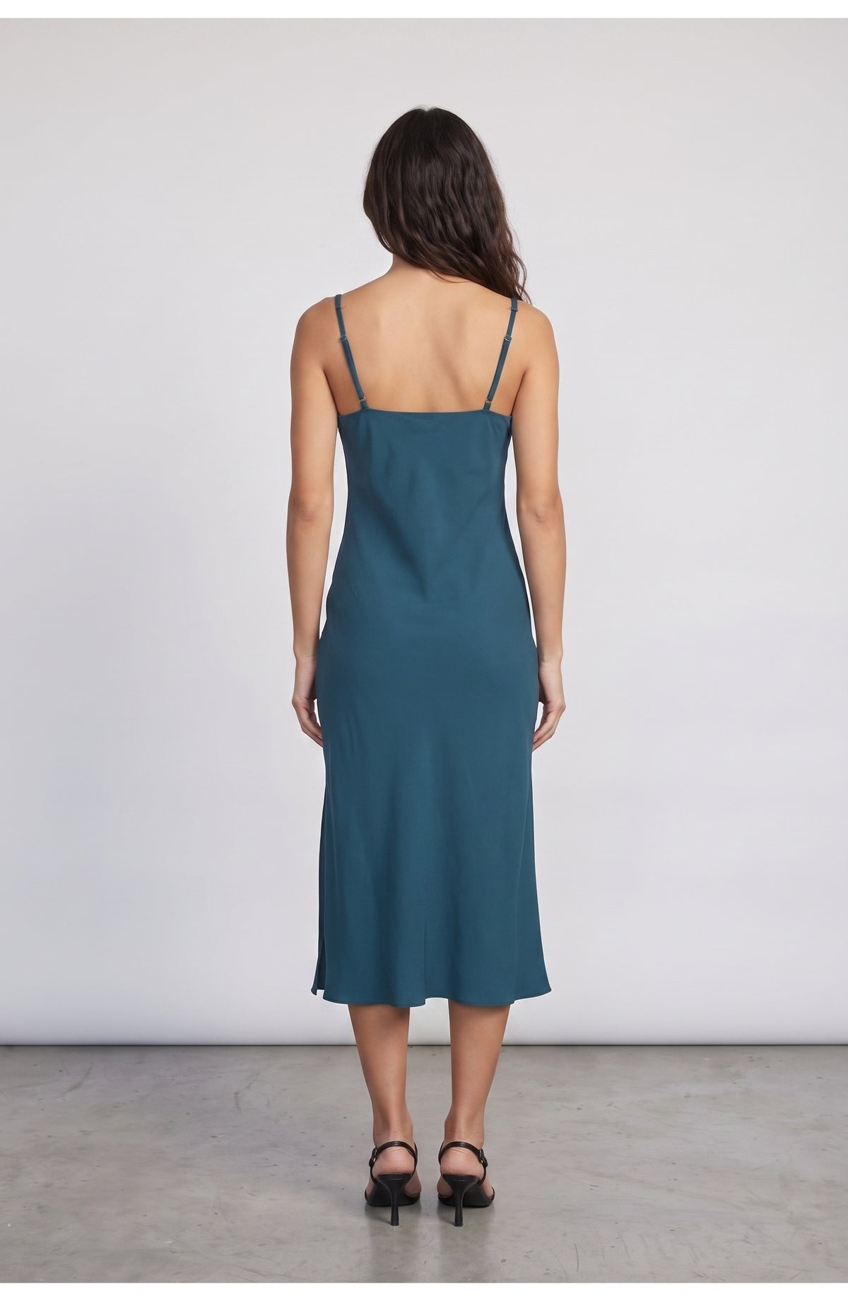 Women's Slip Midi Dress, back view (shown in Deep Teal)