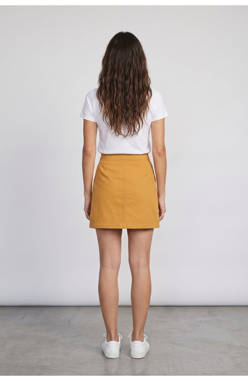 Women's Button Front Mini Skirt, back view (shown in Mustard)