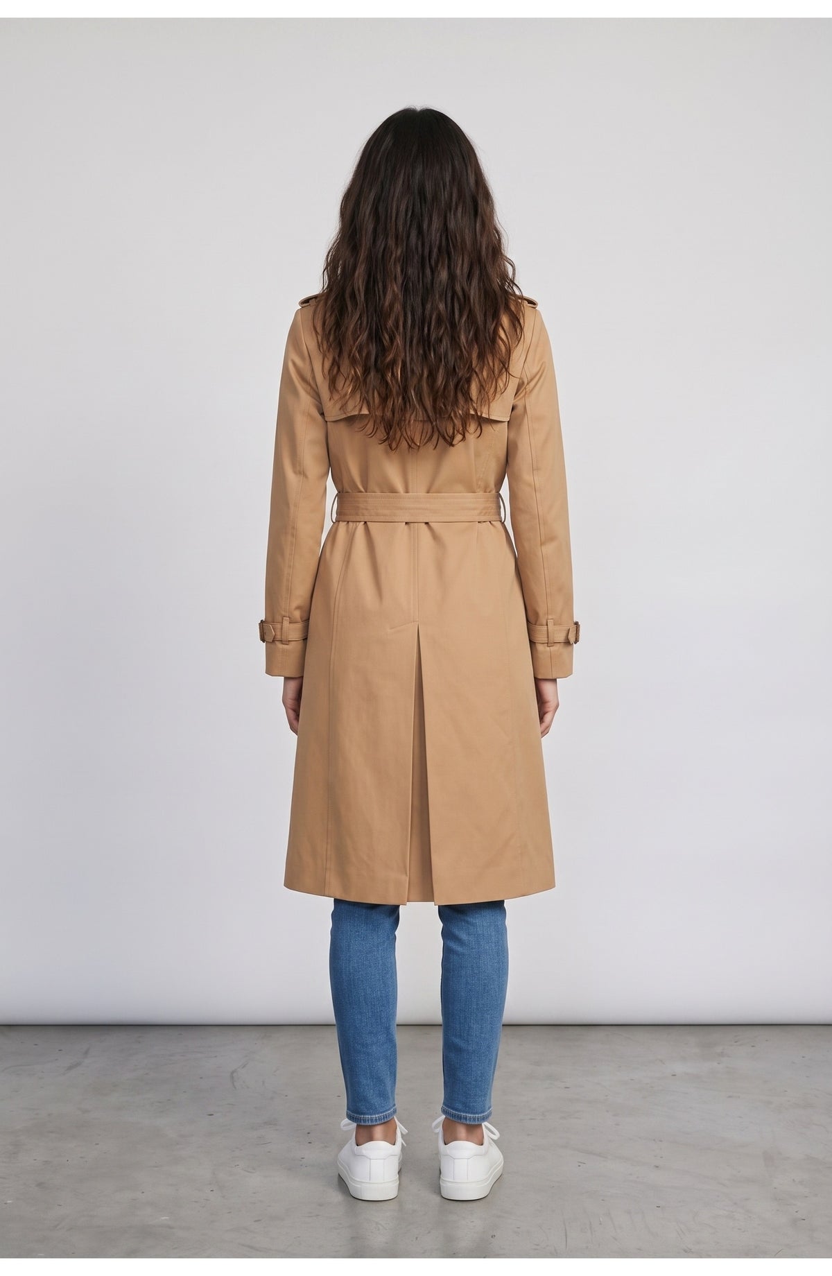 Women's Trench Coat, back view (shown in Camel)