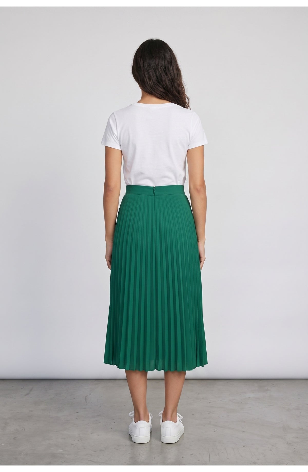 Women's Pleated Midi Skirt, back view (shown in Emerald)