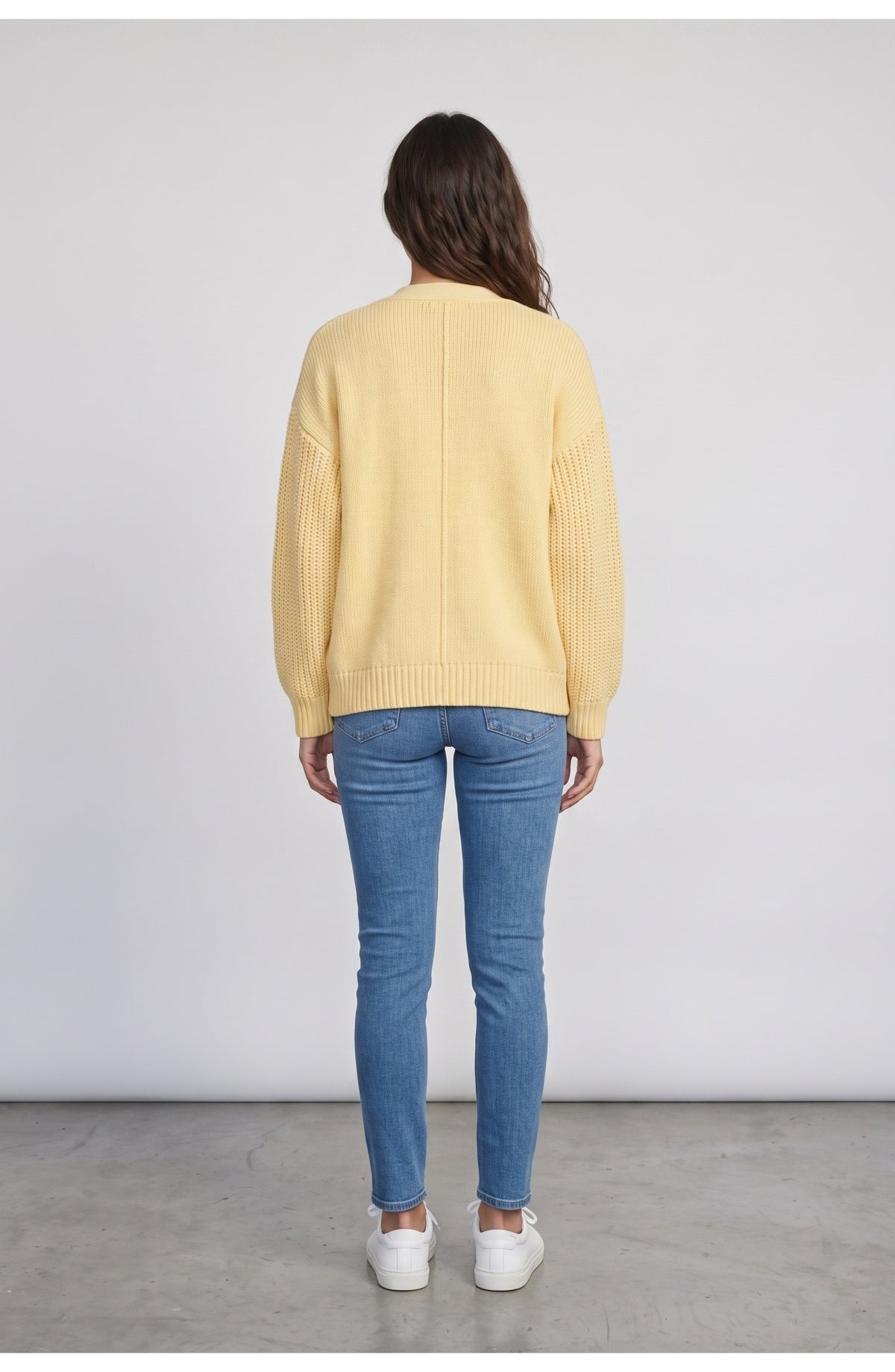 Women's Chunky Cardigan, back view (shown in Butter Yellow)