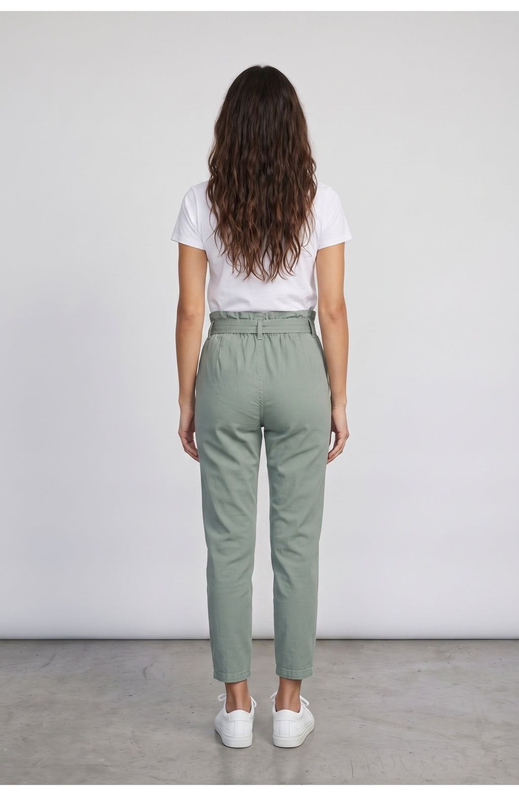 Women's Paperbag Pants, back view (shown in Sage Green)