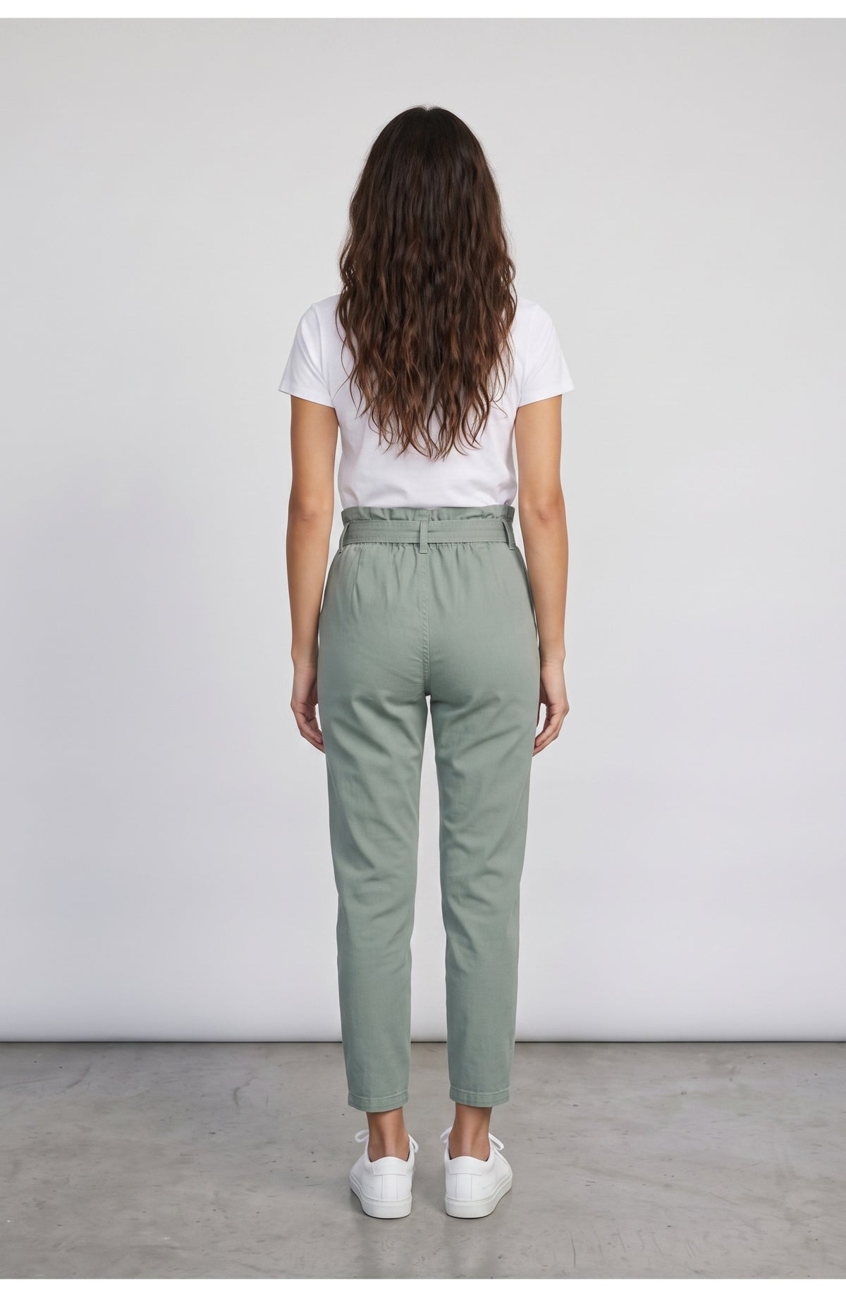 Women's Paperbag Pants, back view (shown in Sage Green)