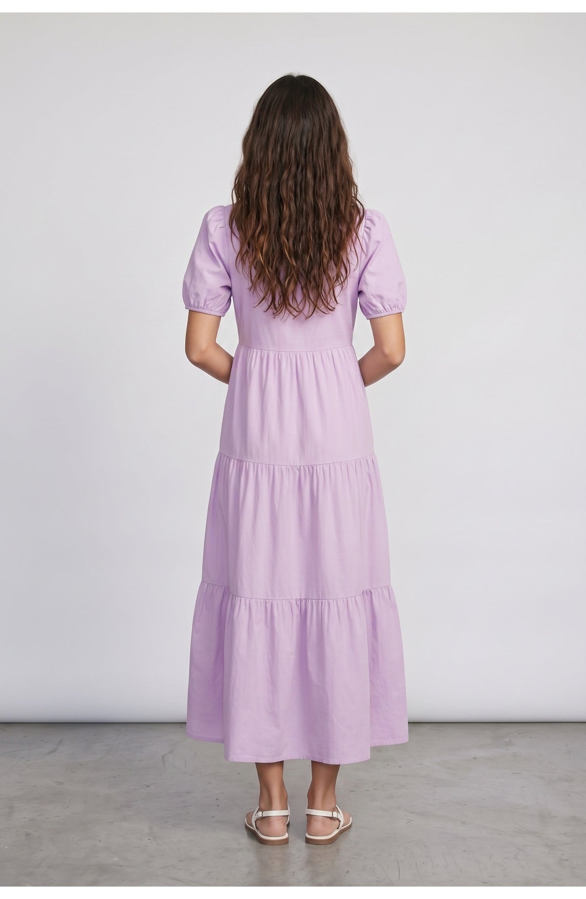Women's Tiered Maxi Dress, back view (shown in Lilac)