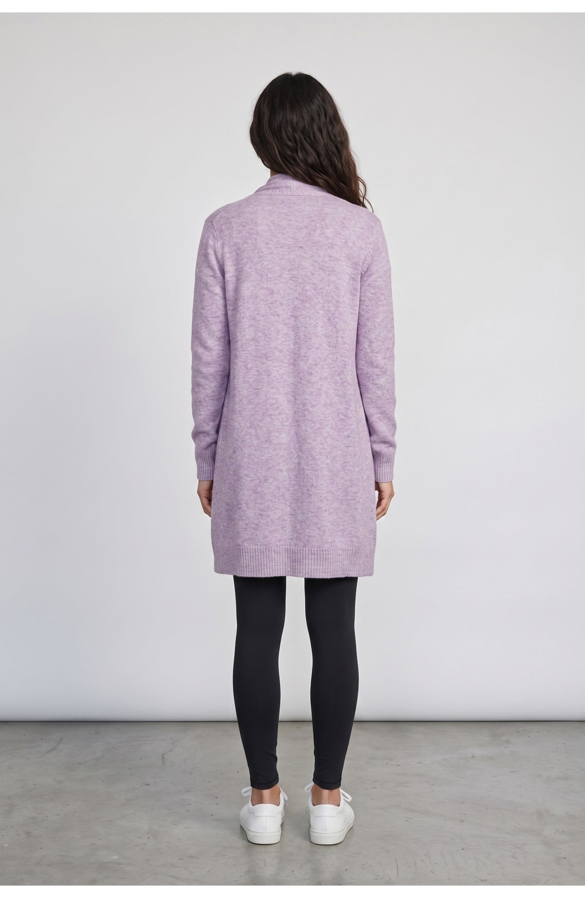 Women's Longline Cardigan, back view (shown in Heather Lilac)