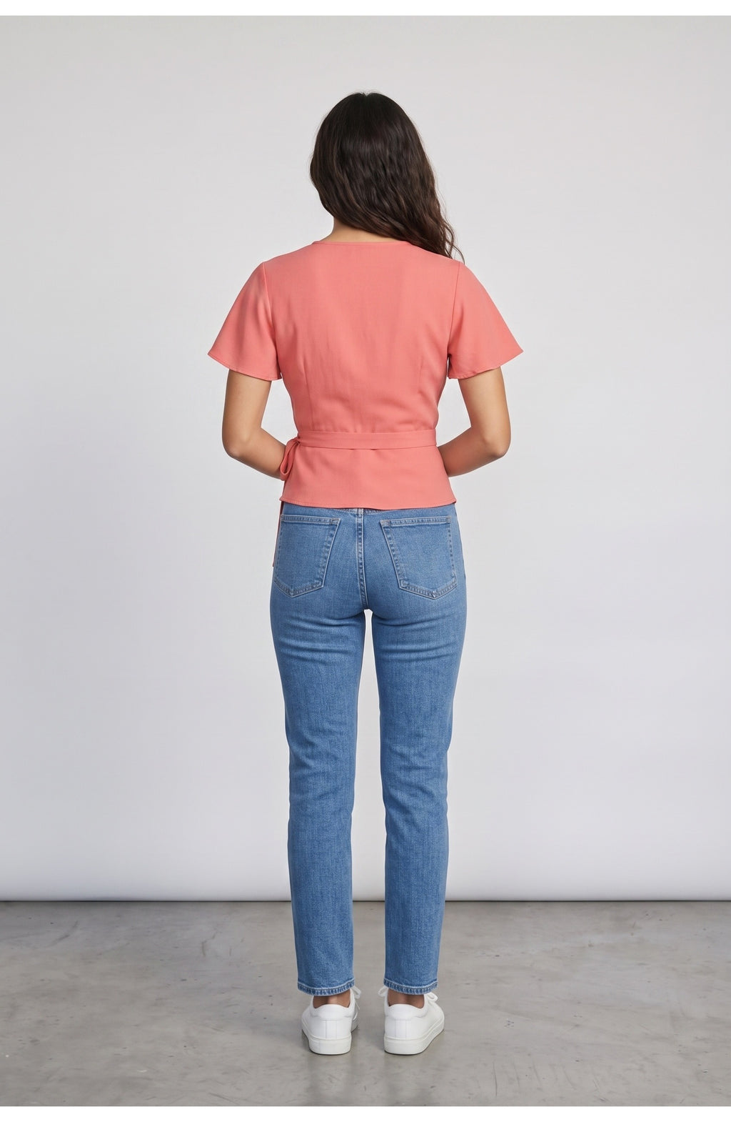 Women's Wrap Top, back view (shown in Coral)