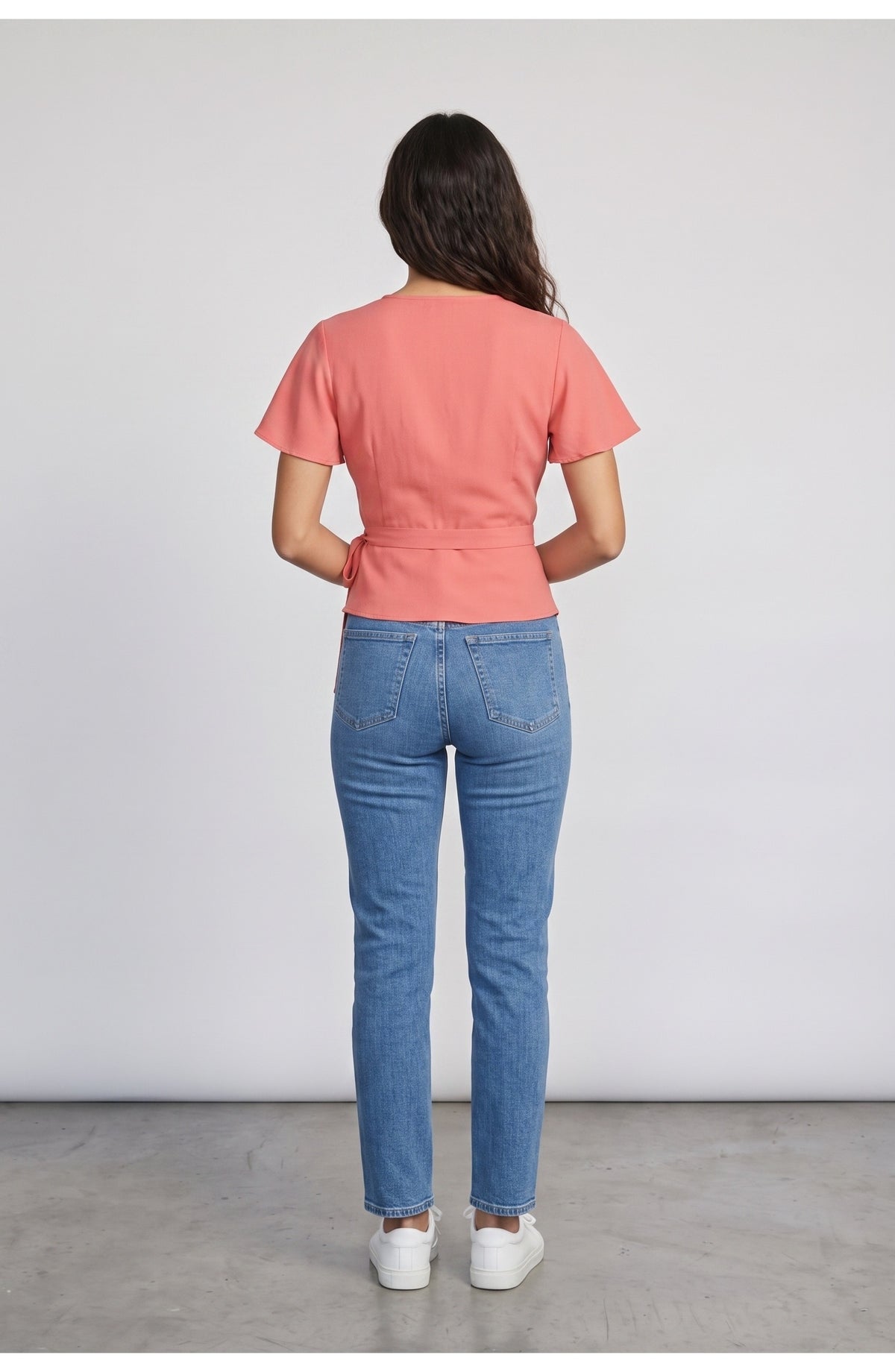 Women's Wrap Top, back view (shown in Coral)