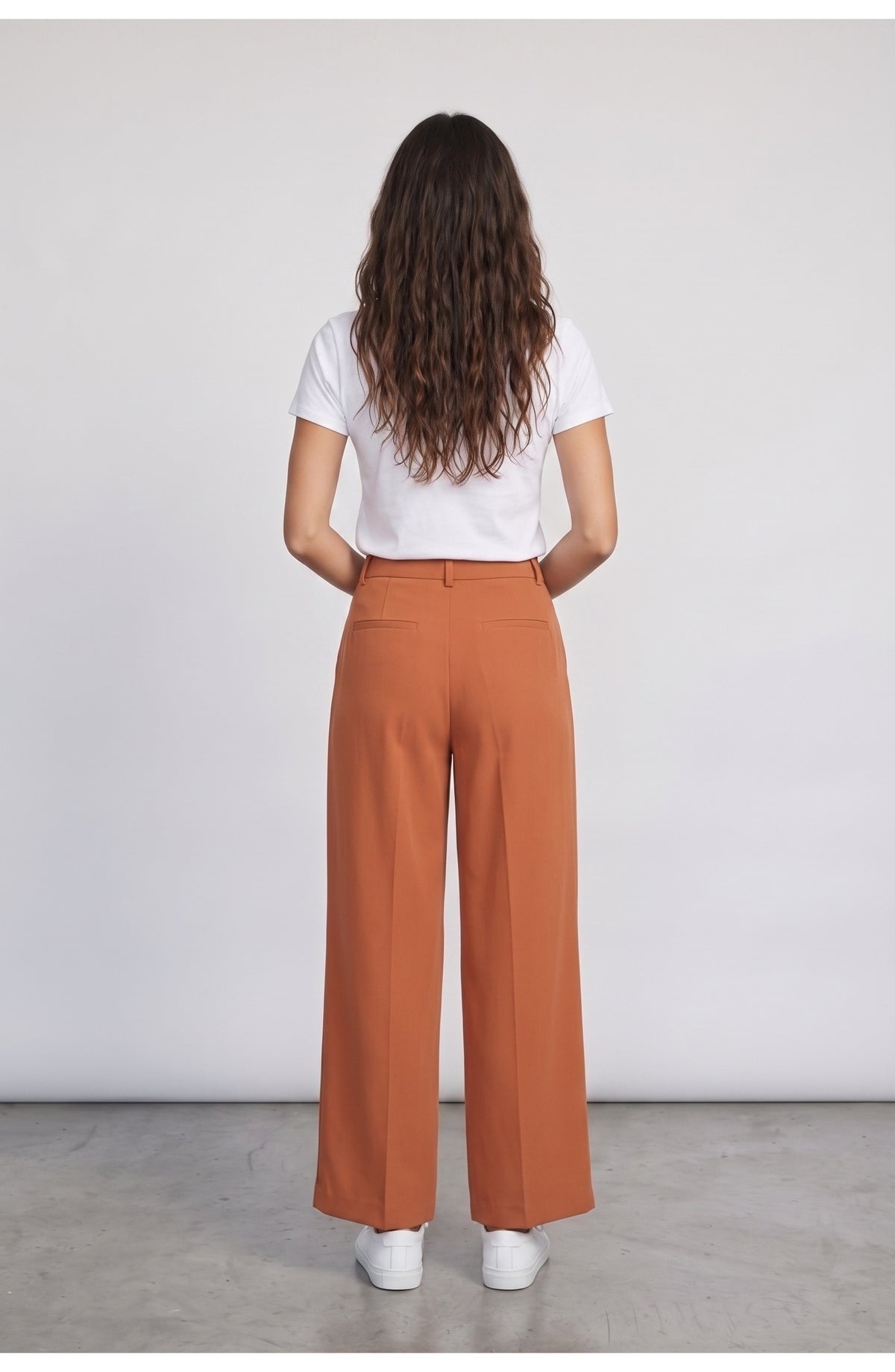 Women's Wide Leg Pants, back view (shown in Terracotta)
