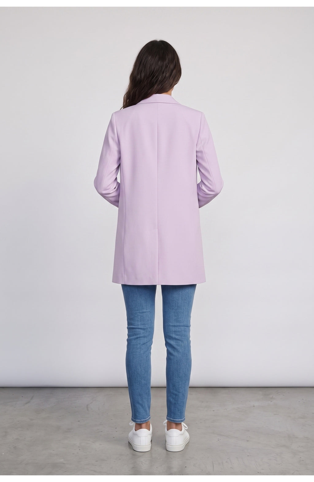 Women's Longline Blazer, back view (shown in Lilac)