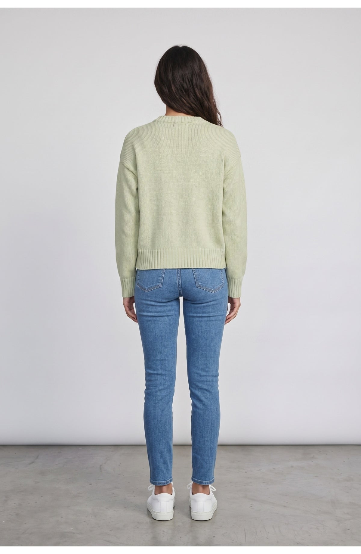Women's Crew Neck Sweater, back view (shown in Pistachio)